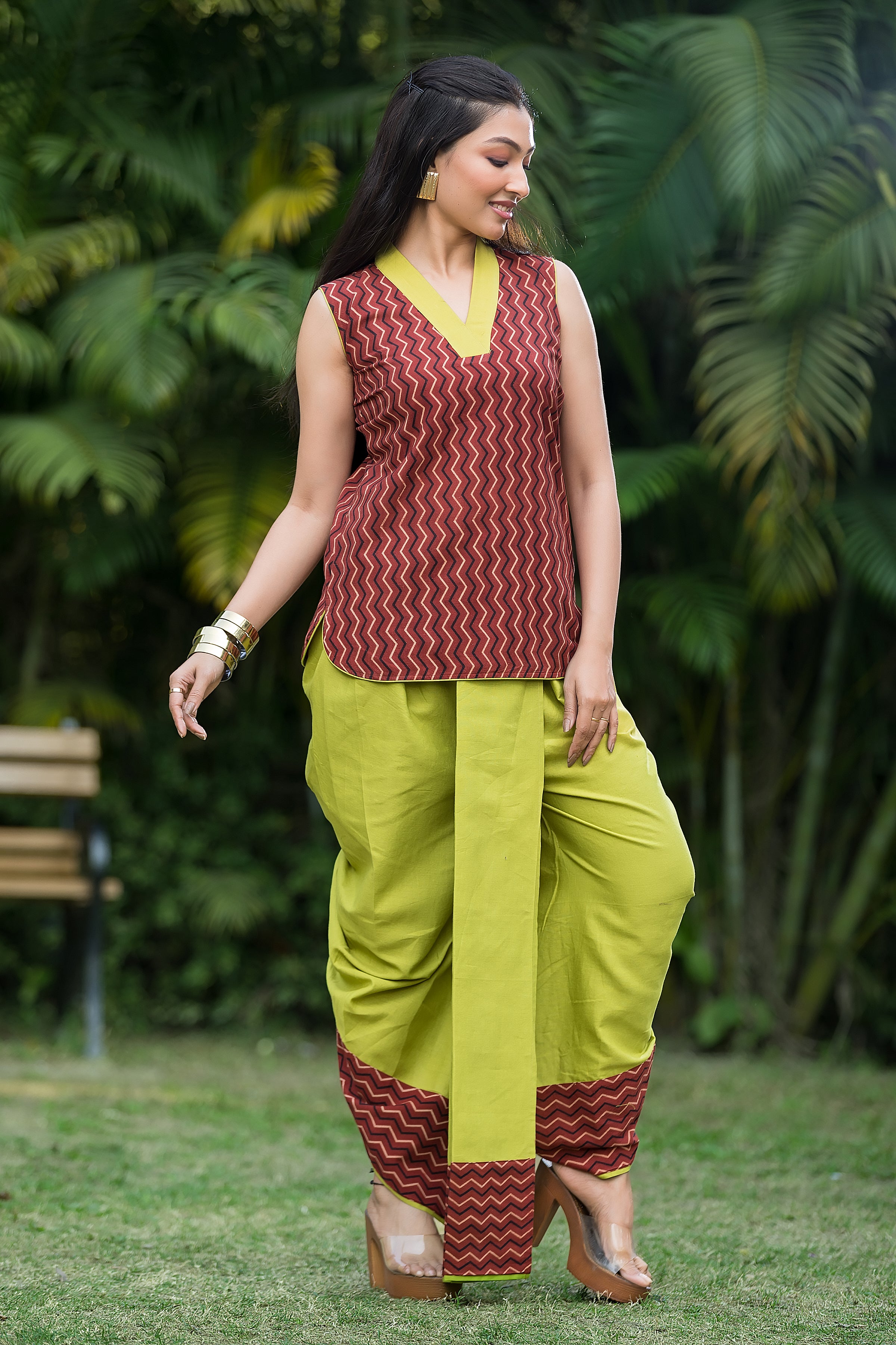 Women's Lime Green Dhoti With Ajrakh Print Top