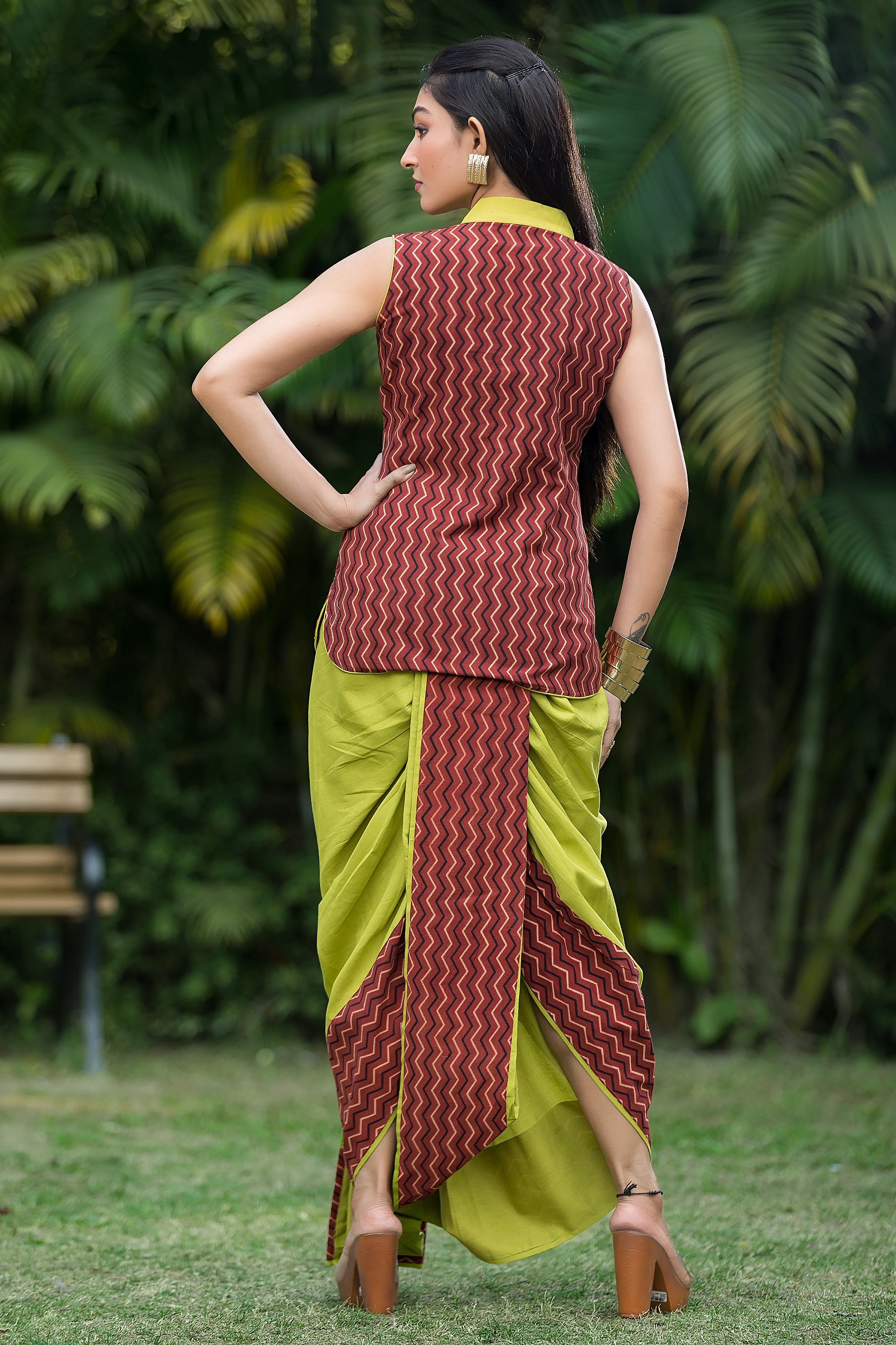 Women's Lime Green Dhoti With Ajrakh Print Top