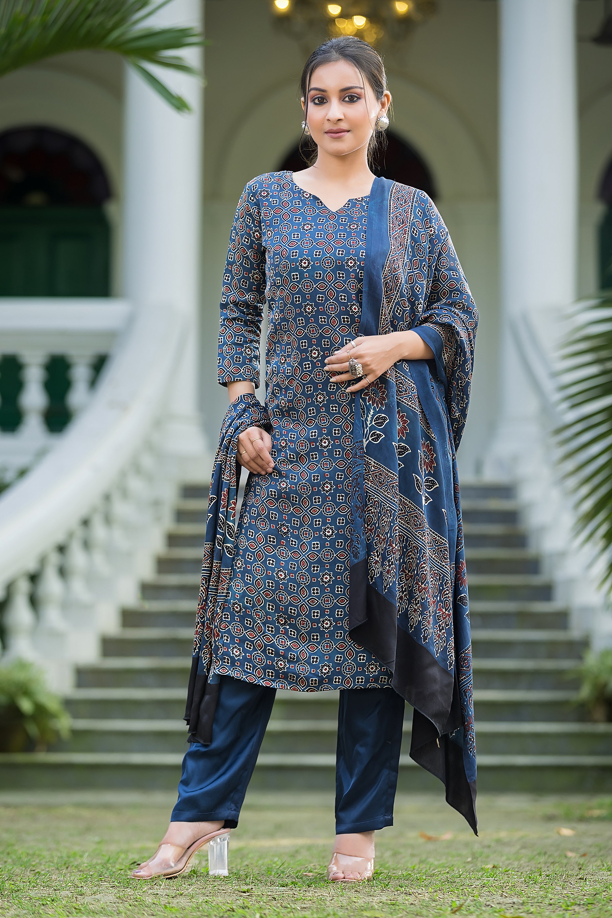 Women's Indigo Modal Ajrakh Suit Set with Dupatta