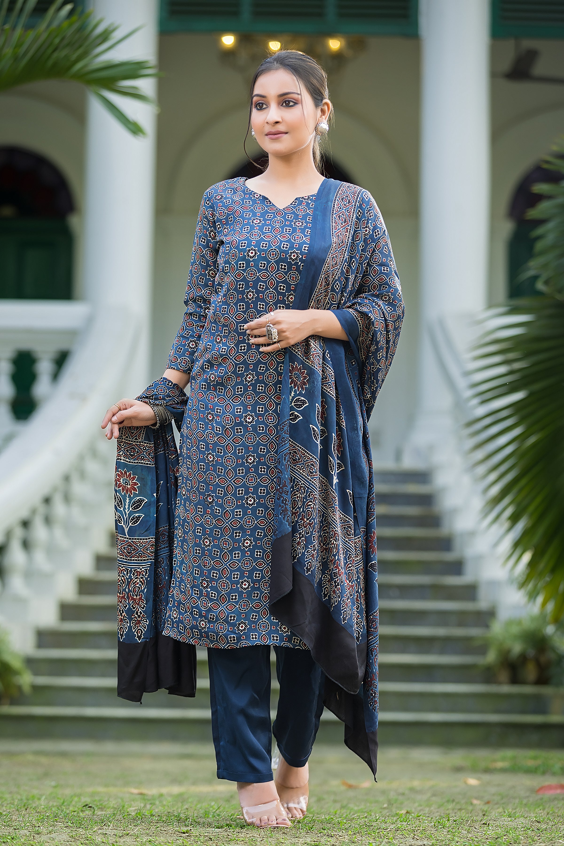 Women's Indigo Modal Ajrakh Suit Set with Dupatta