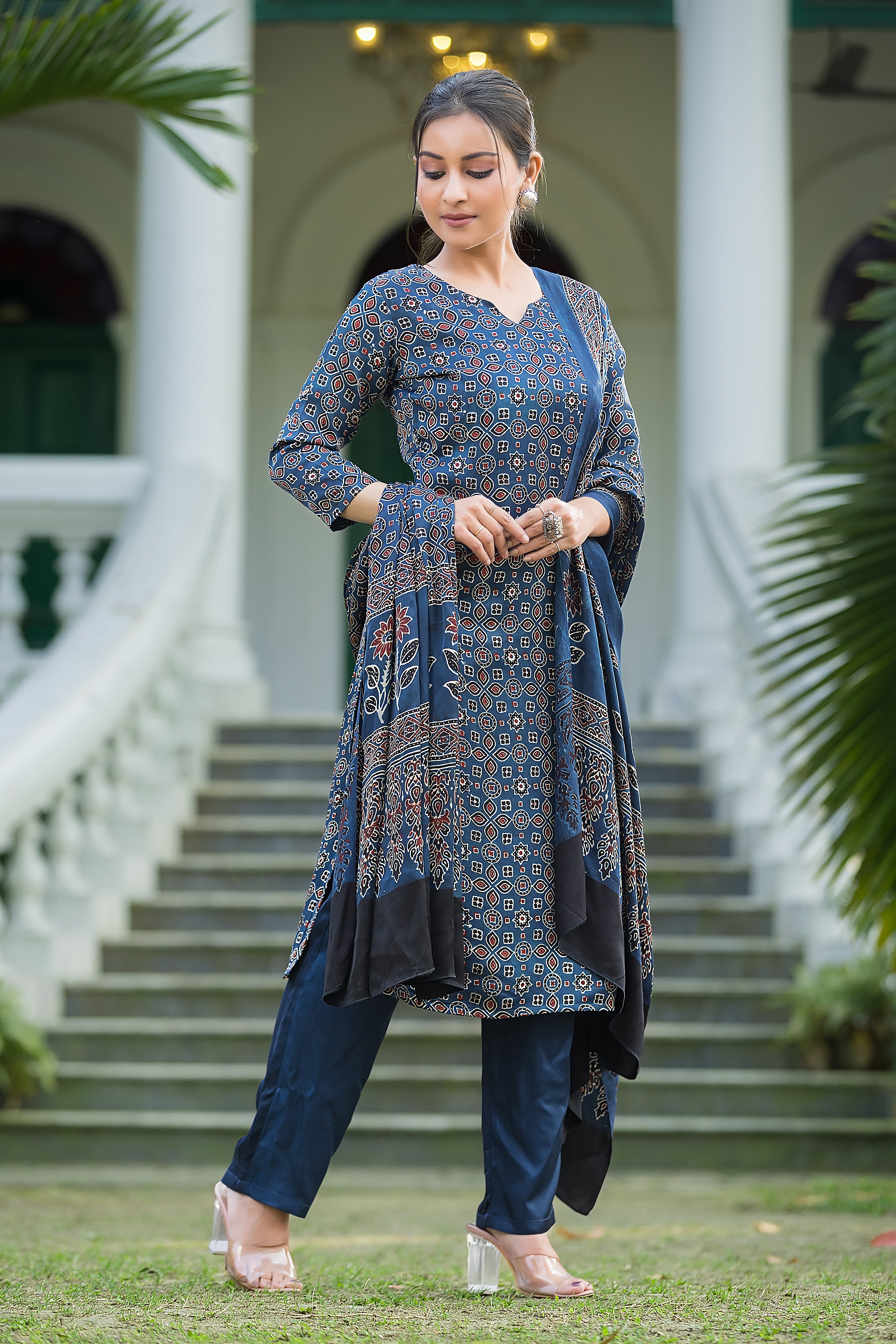 Women's Indigo Modal Ajrakh Suit Set with Dupatta