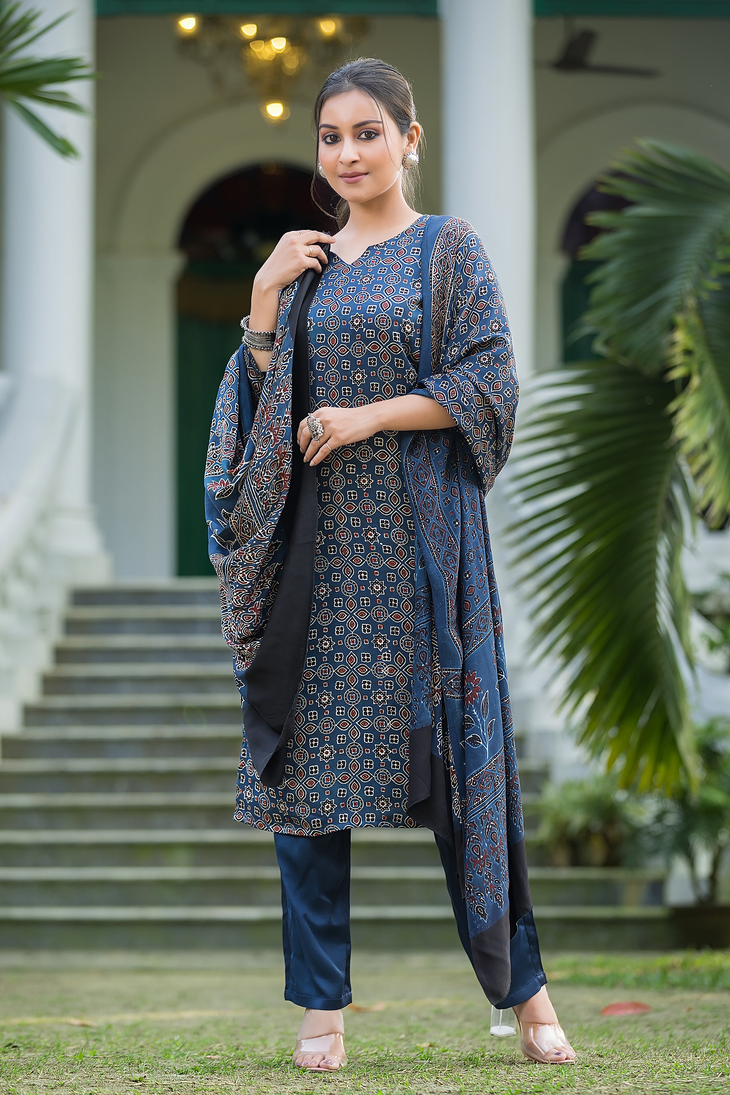 Women's Indigo Modal Ajrakh Suit Set with Dupatta