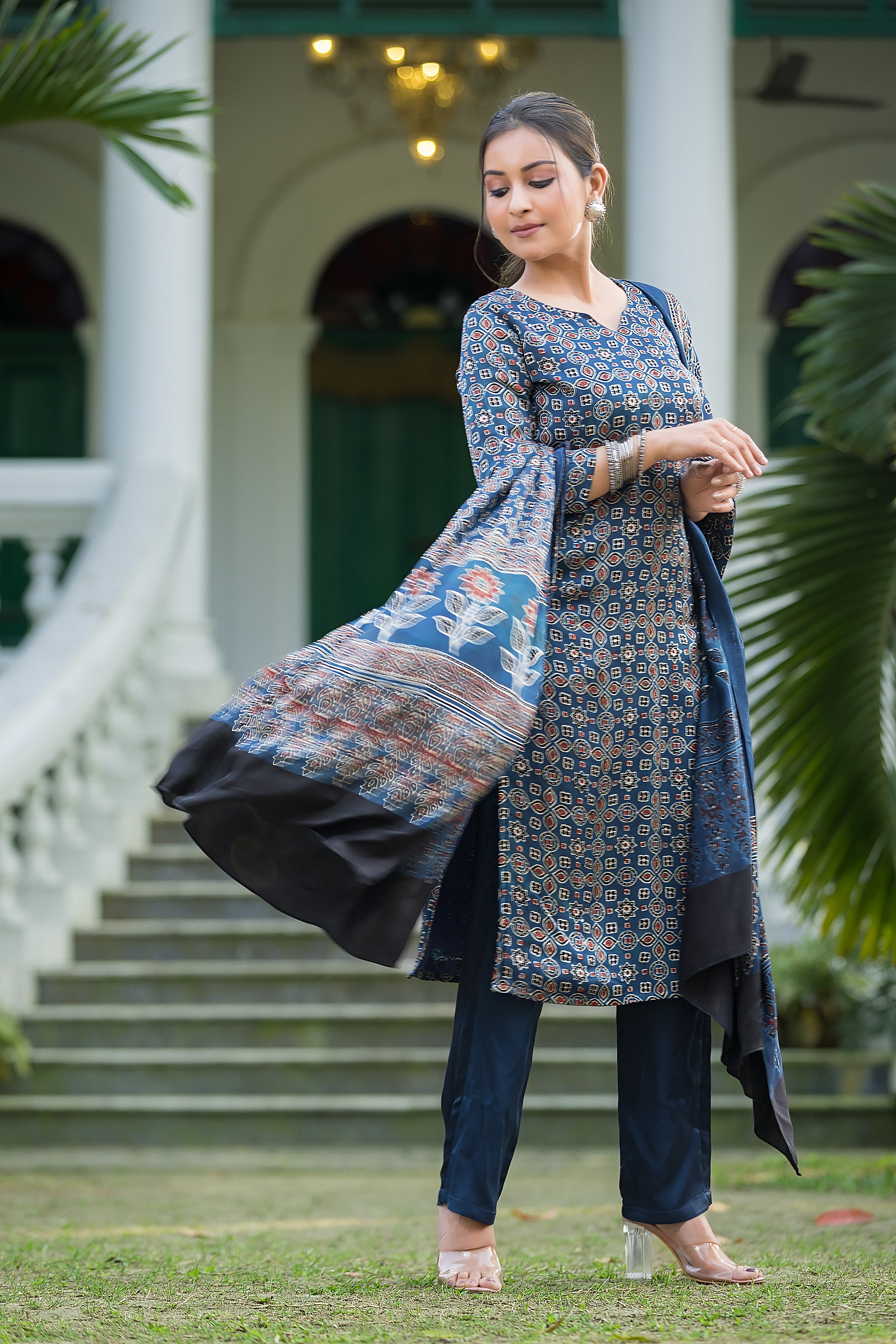 Women's Indigo Modal Ajrakh Suit Set with Dupatta