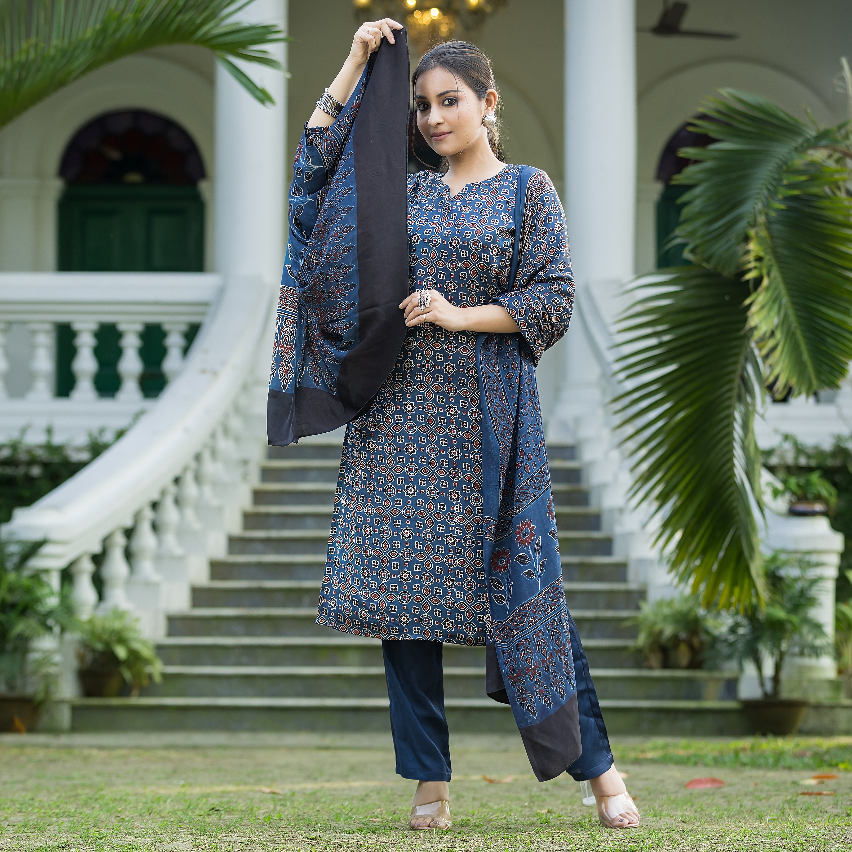 Women's Indigo Modal Ajrakh Suit Set with Dupatta
