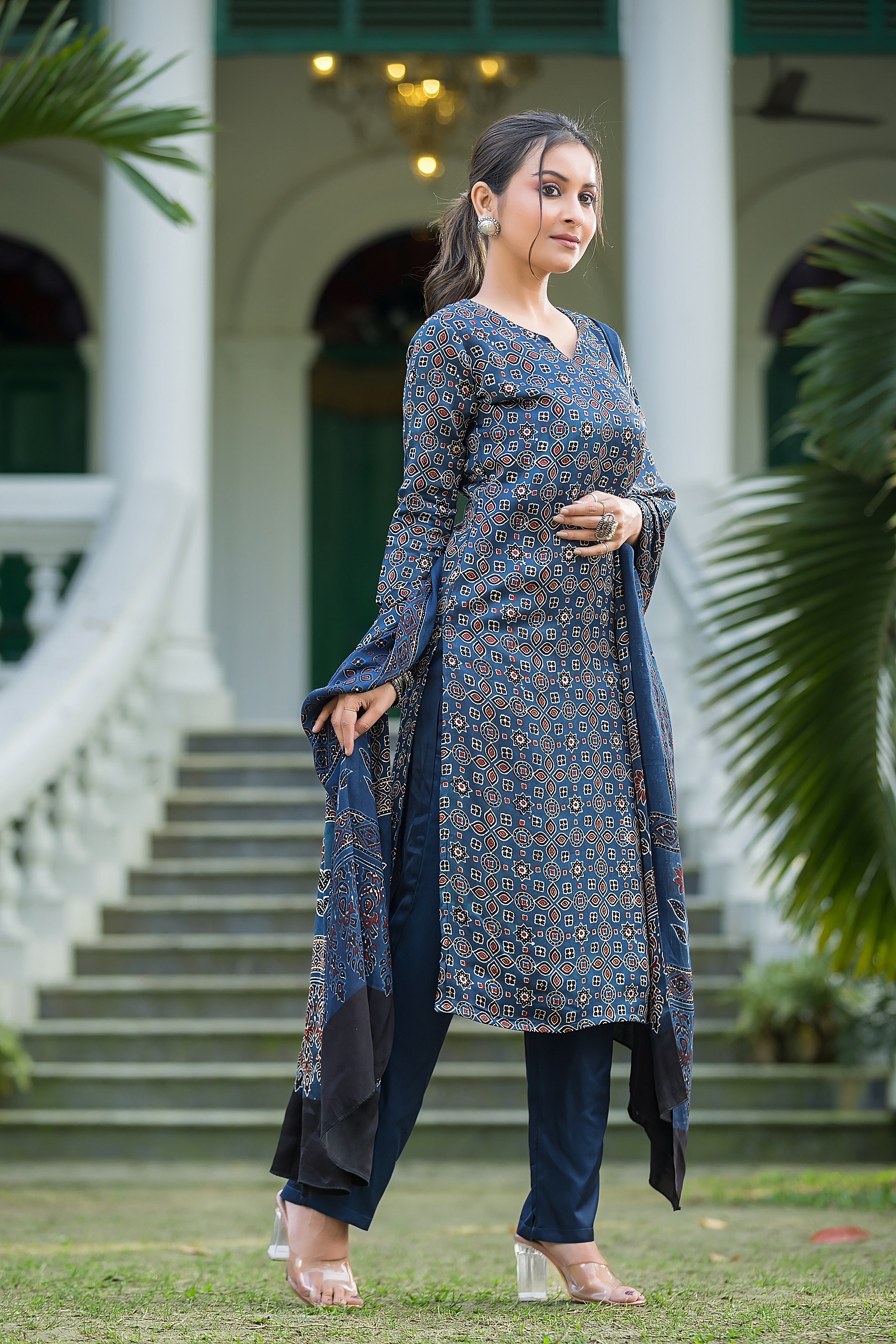Women's Indigo Modal Ajrakh Suit Set with Dupatta