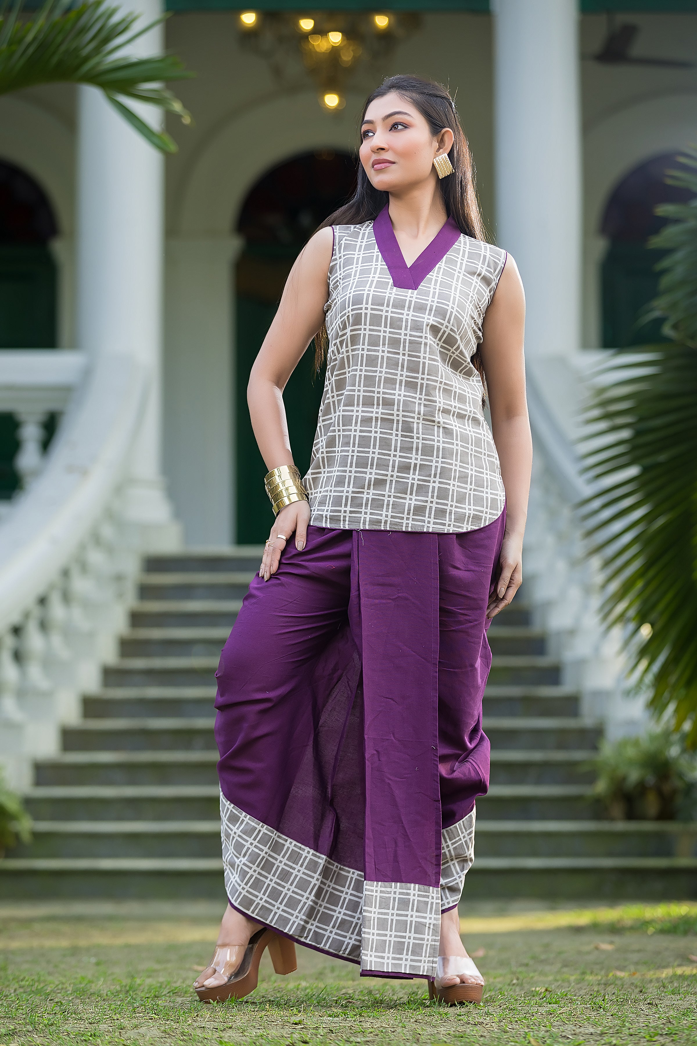 Women's Purple Dhoti With Grey Box Print Top