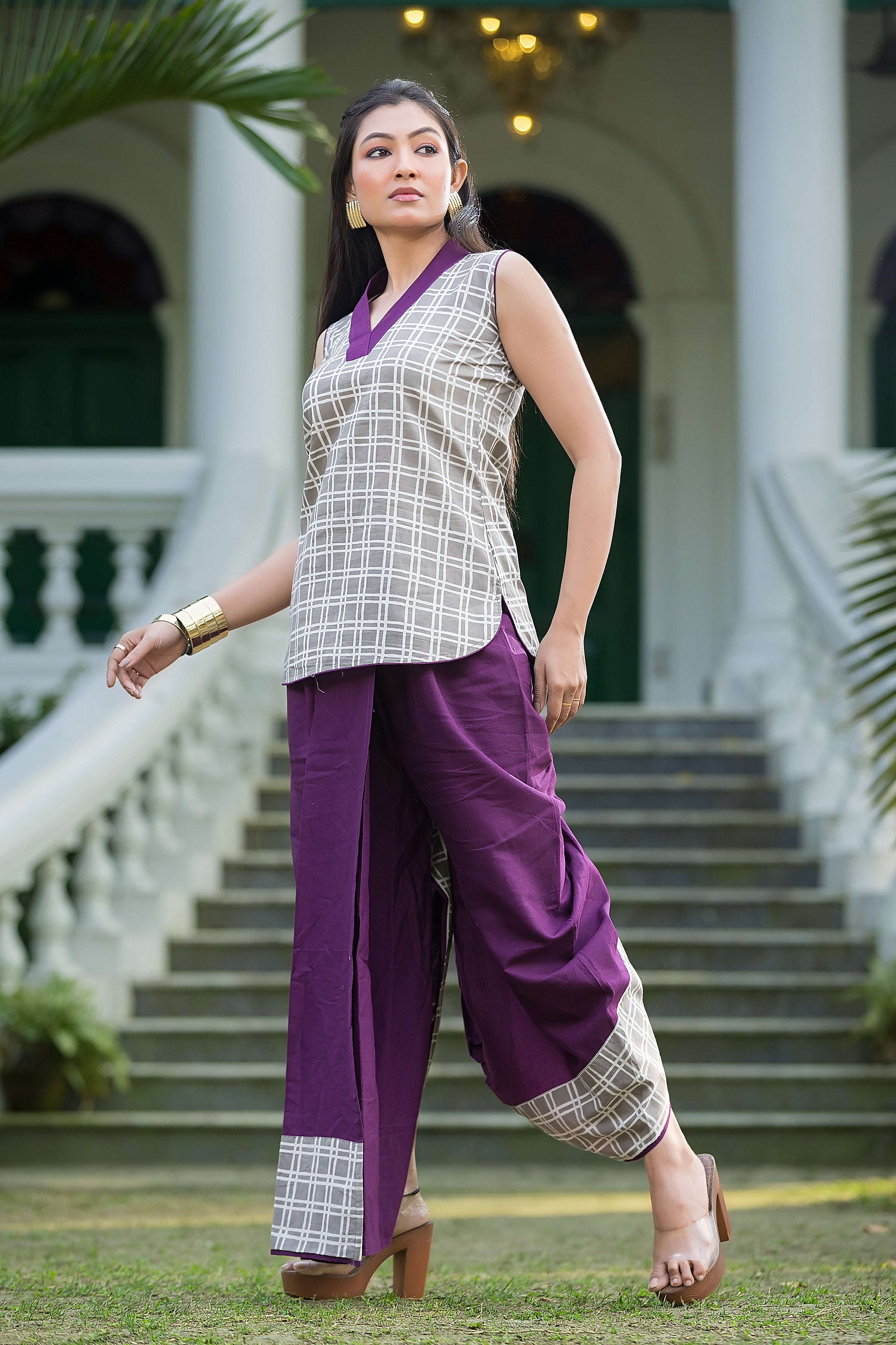 Women's Purple Dhoti With Grey Box Print Top
