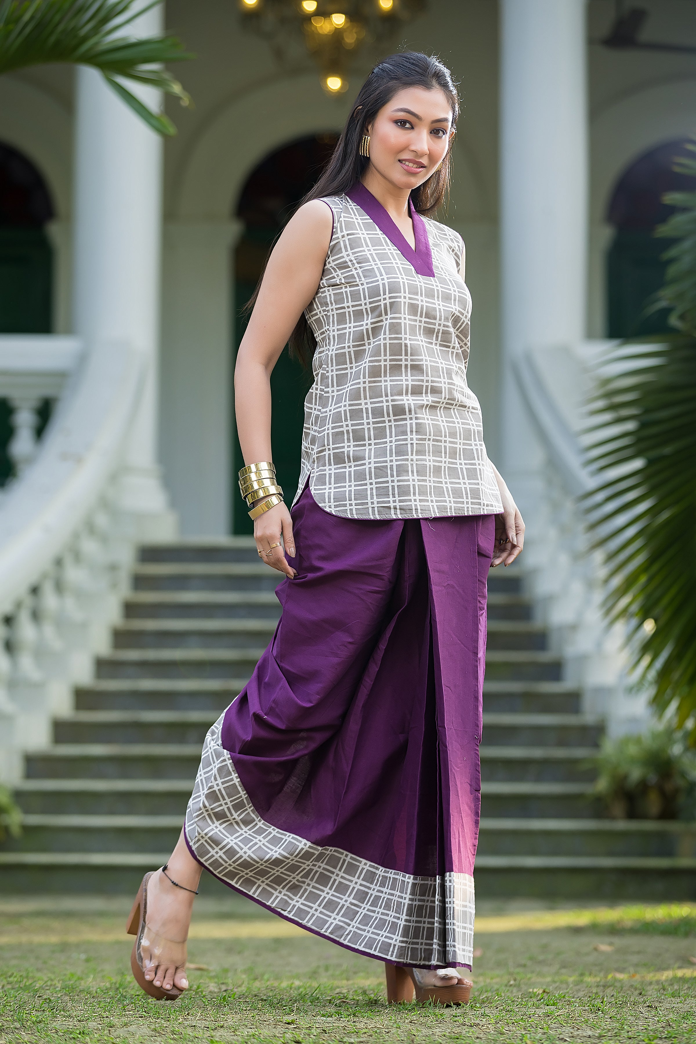 Women's Purple Dhoti With Grey Box Print Top