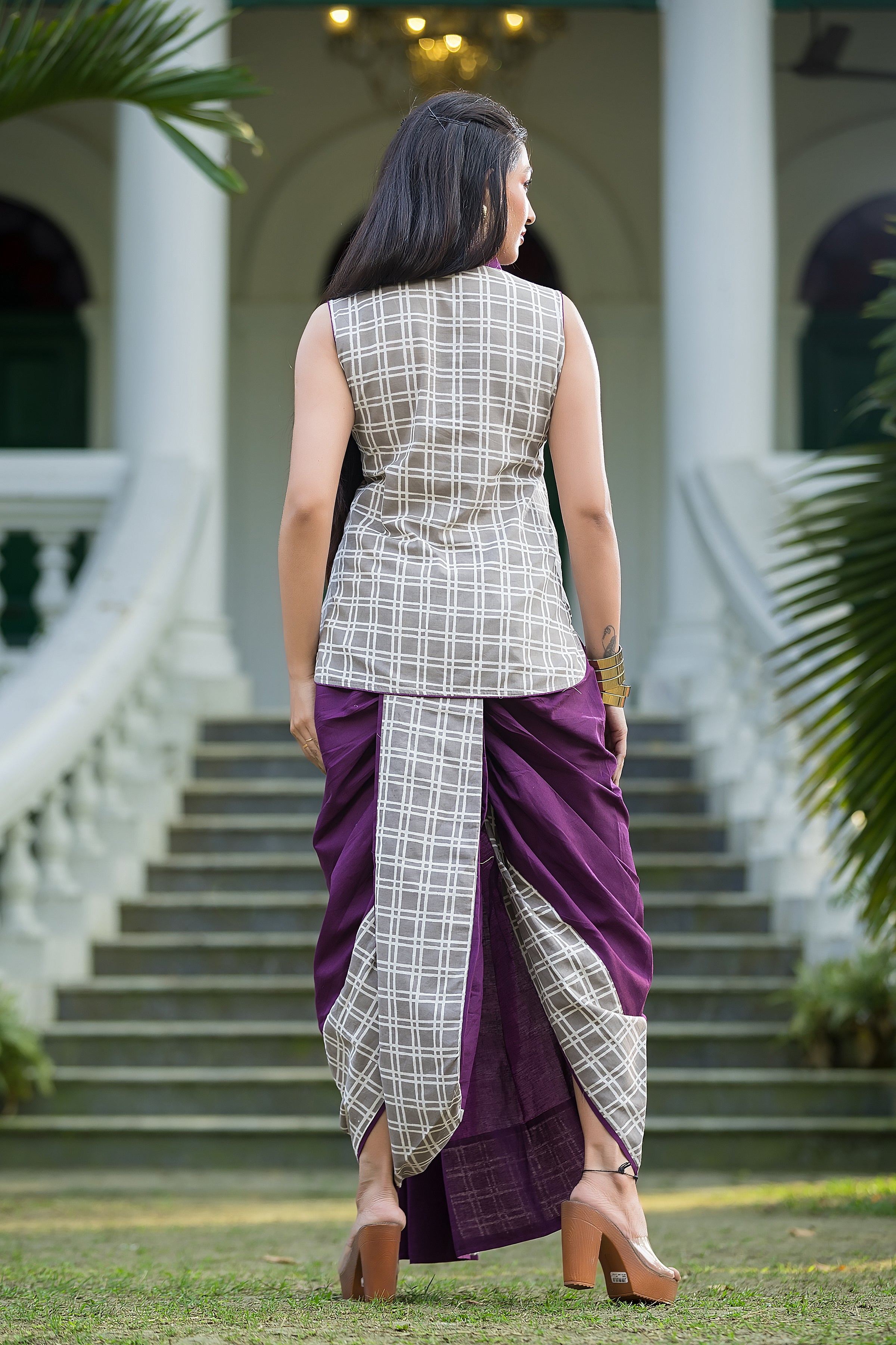 Women's Purple Dhoti With Grey Box Print Top