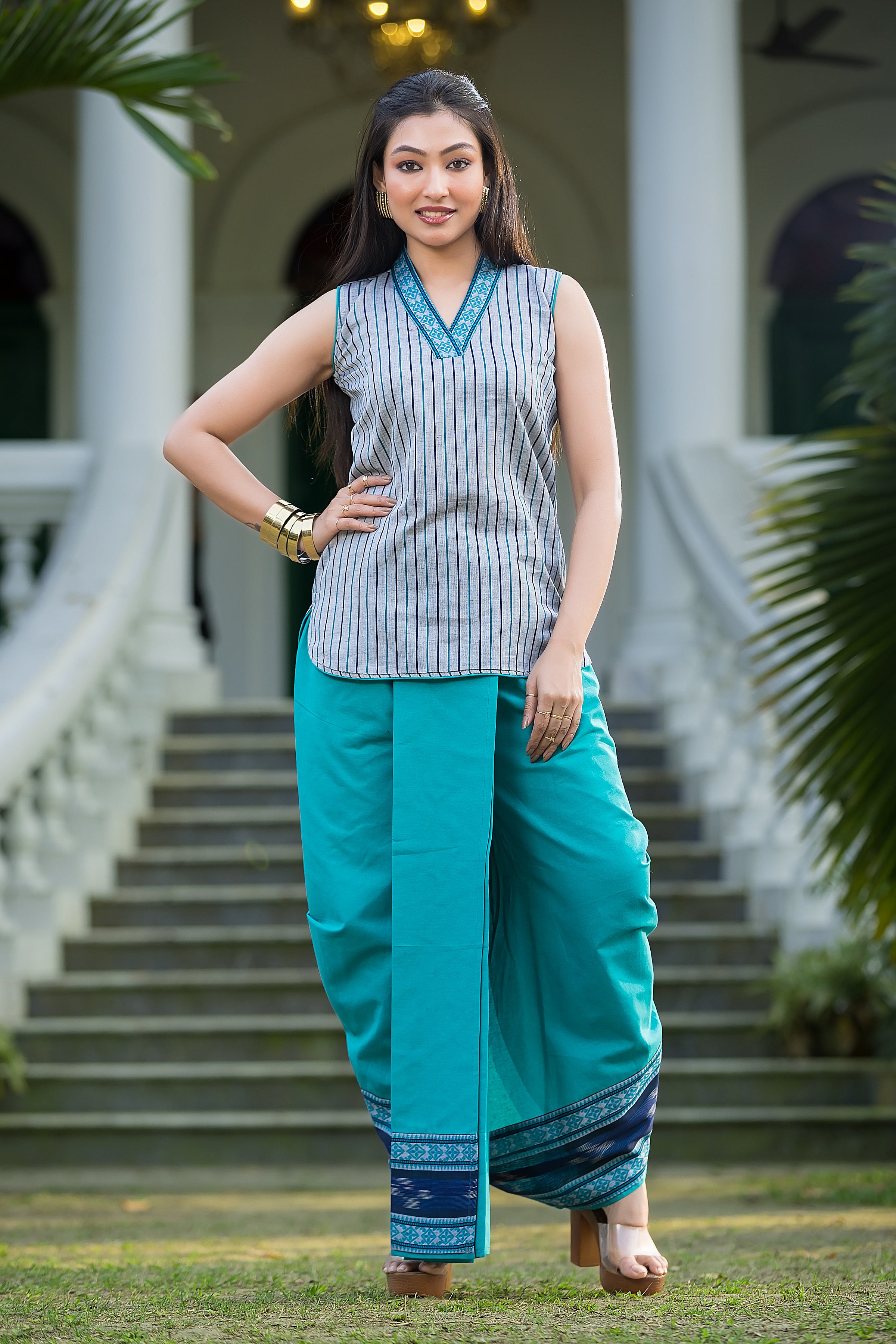 Women's Dhonekhali Coral Green Dhoti With Grey Top