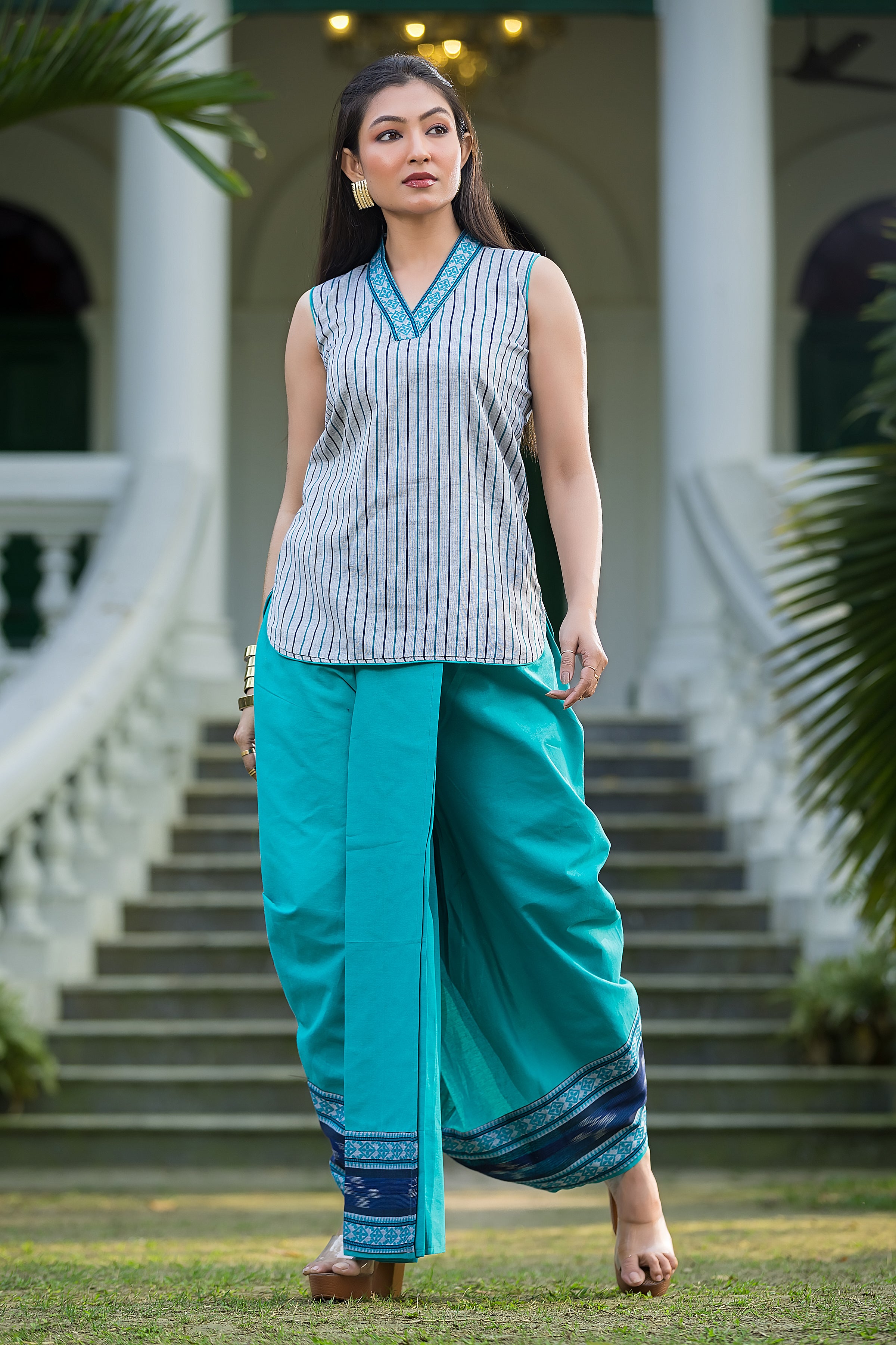 Coral Green Dhonekhali Wrapped Dhoti Co-ord Set