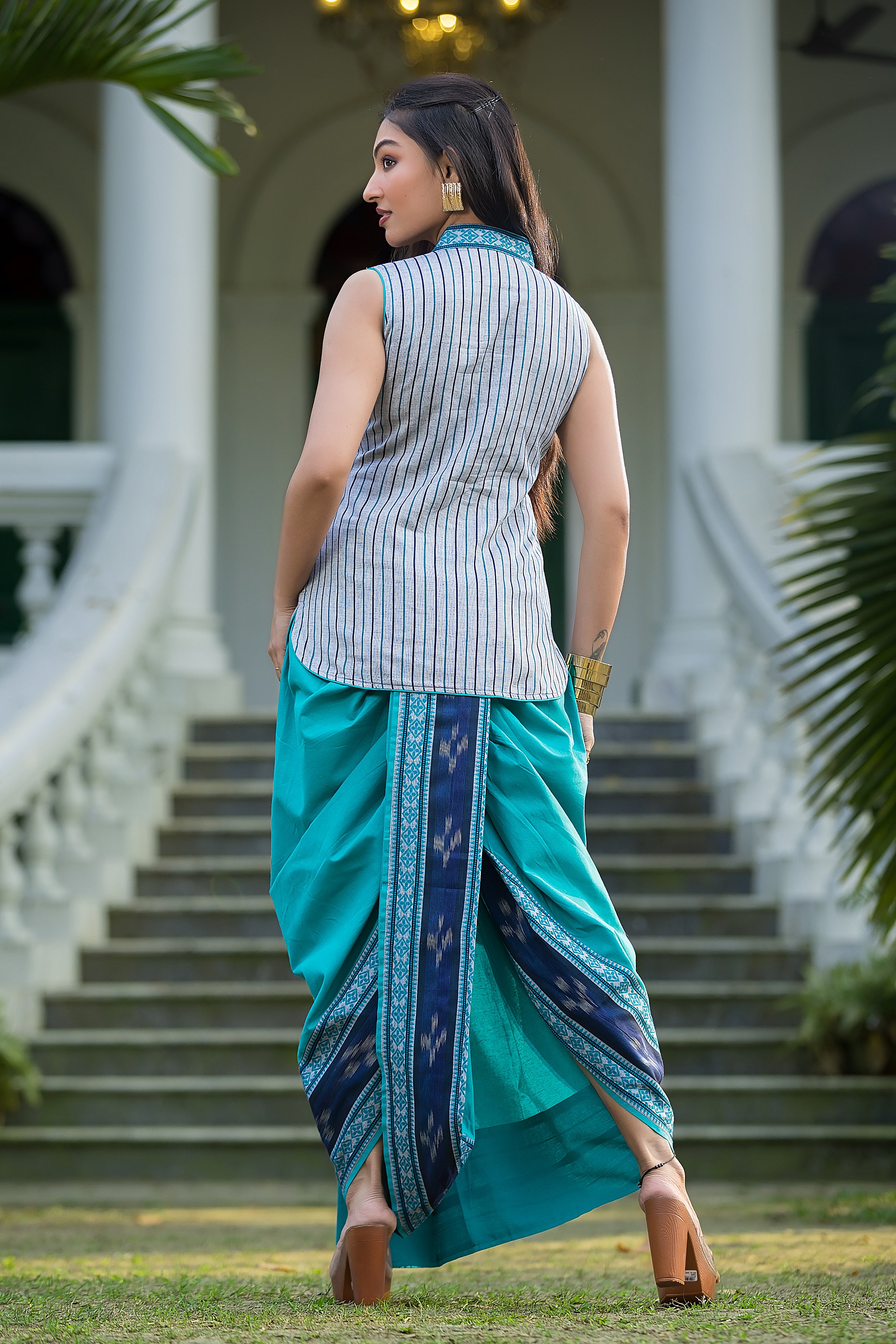 Coral Green Dhonekhali Wrapped Dhoti Co-ord Set