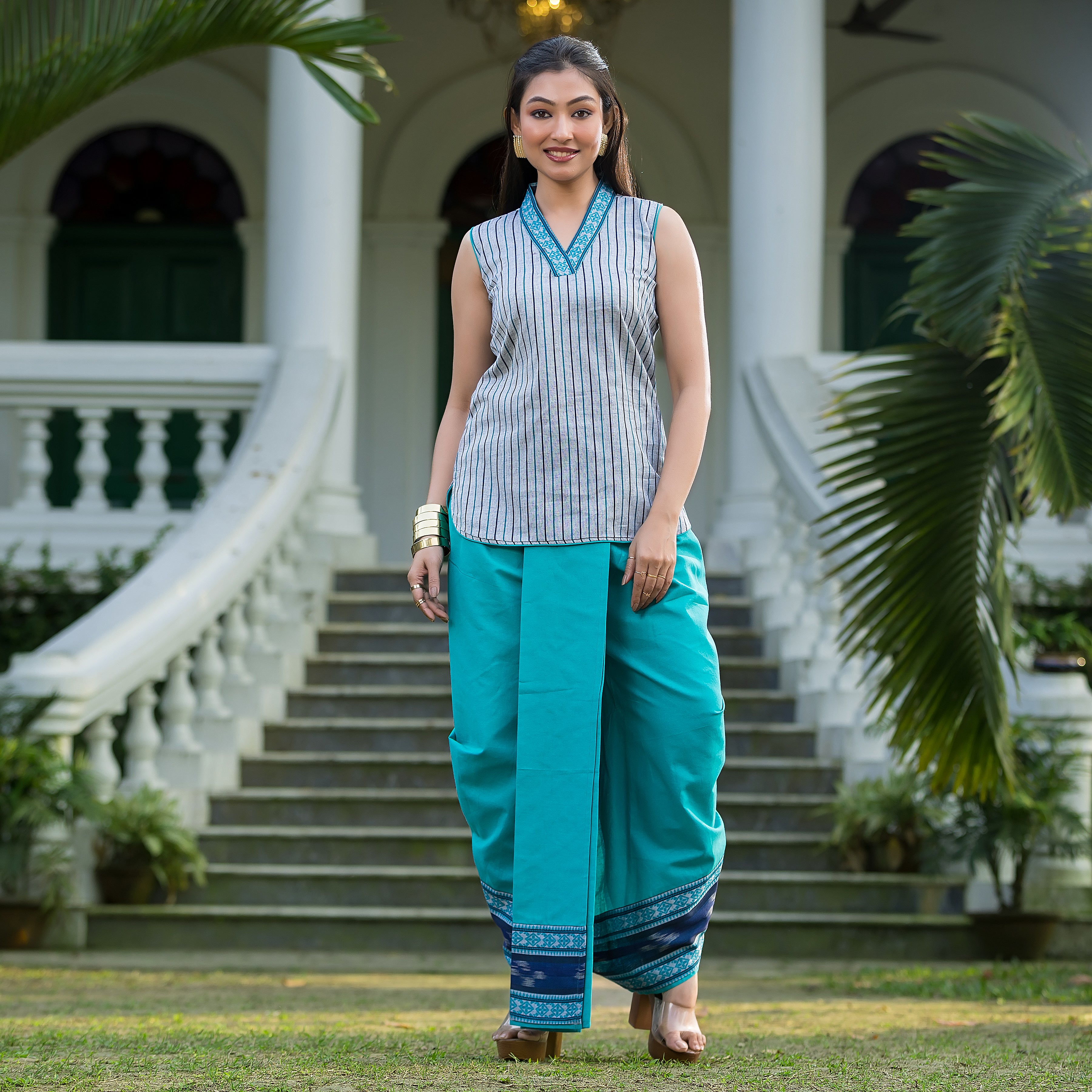 Women's Dhonekhali Coral Green Dhoti With Grey Top - Crazy Needle Online