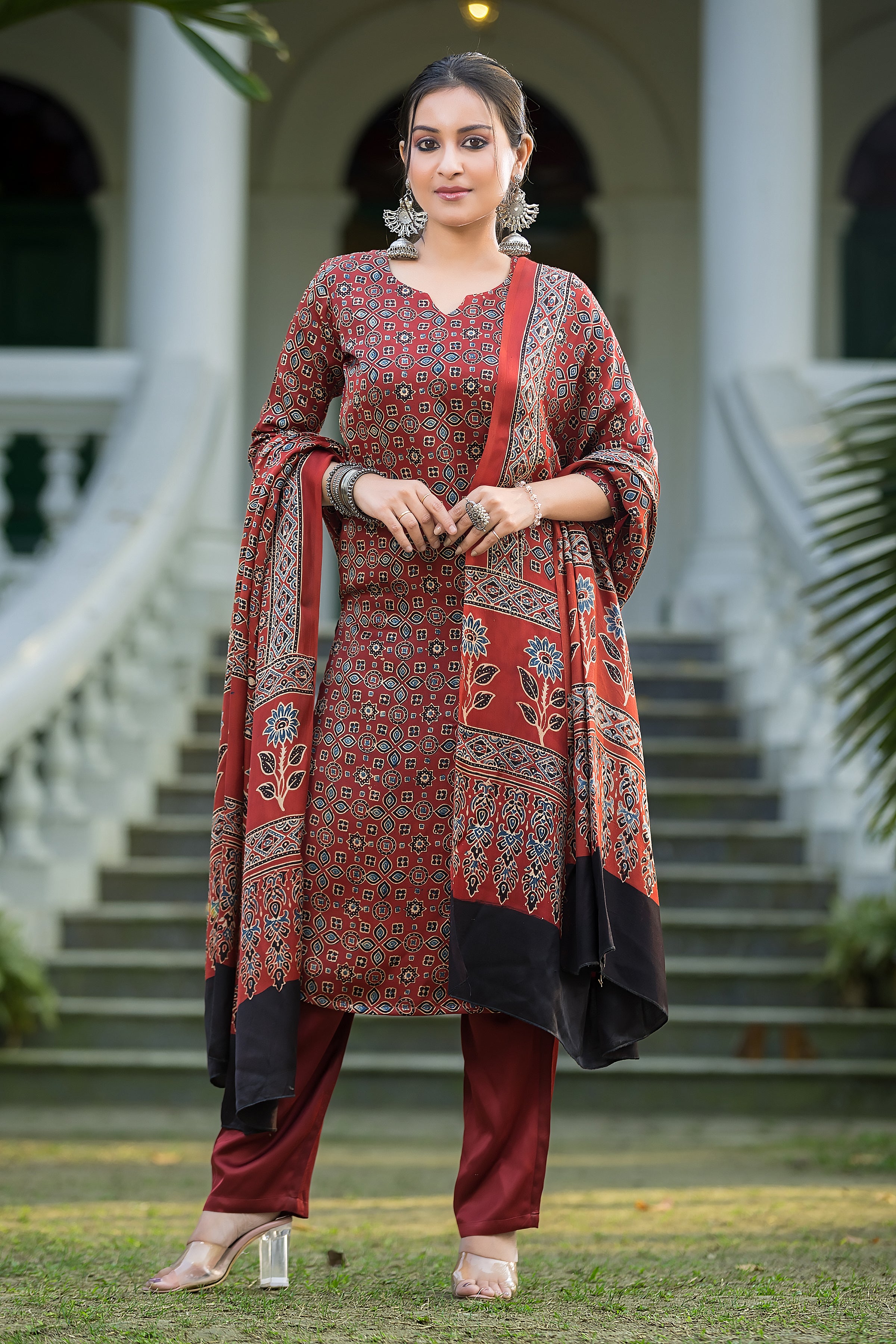 Women's Red Modal Ajrakh Suit Set with Dupatta