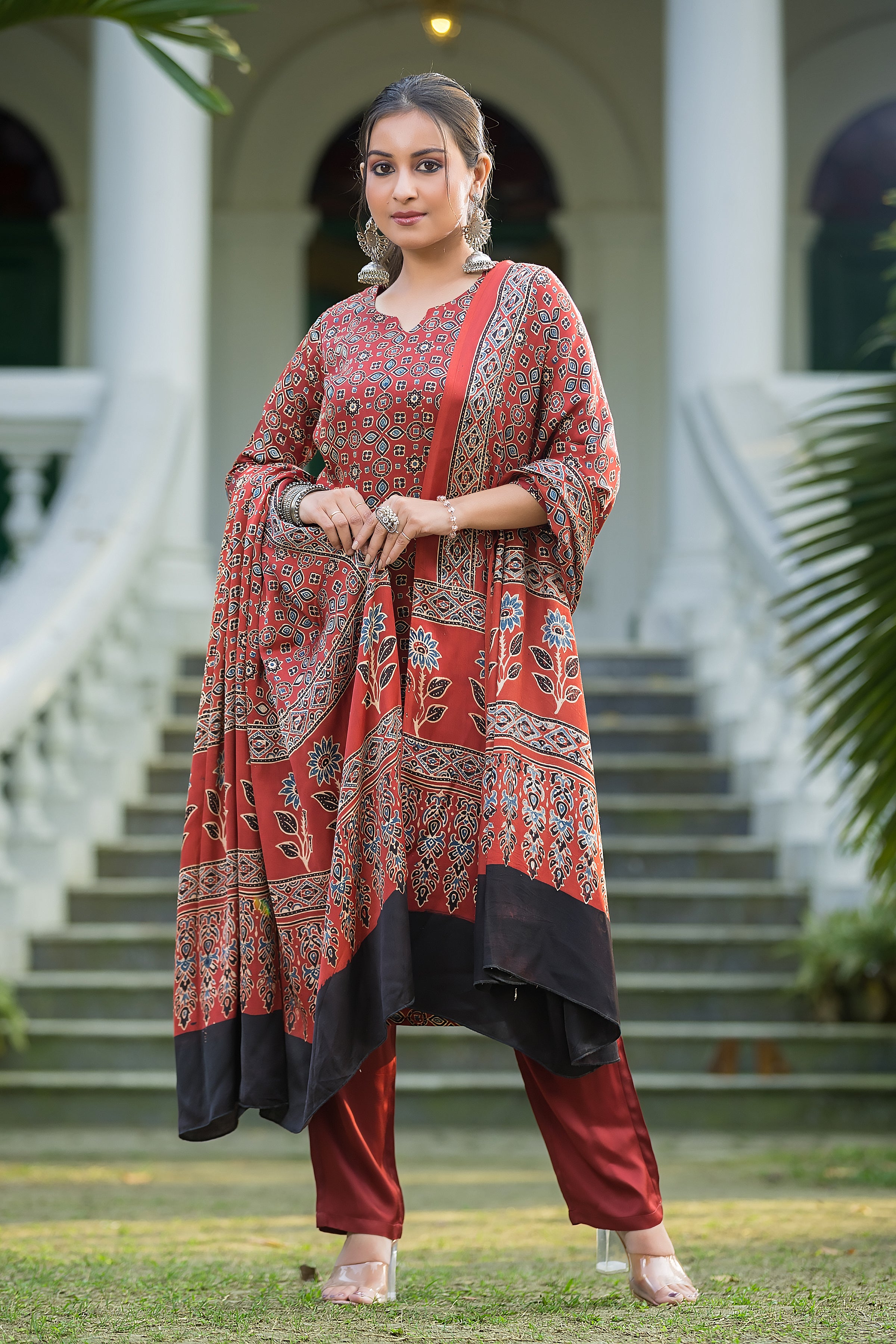 Women's Red Modal Ajrakh Suit Set with Dupatta