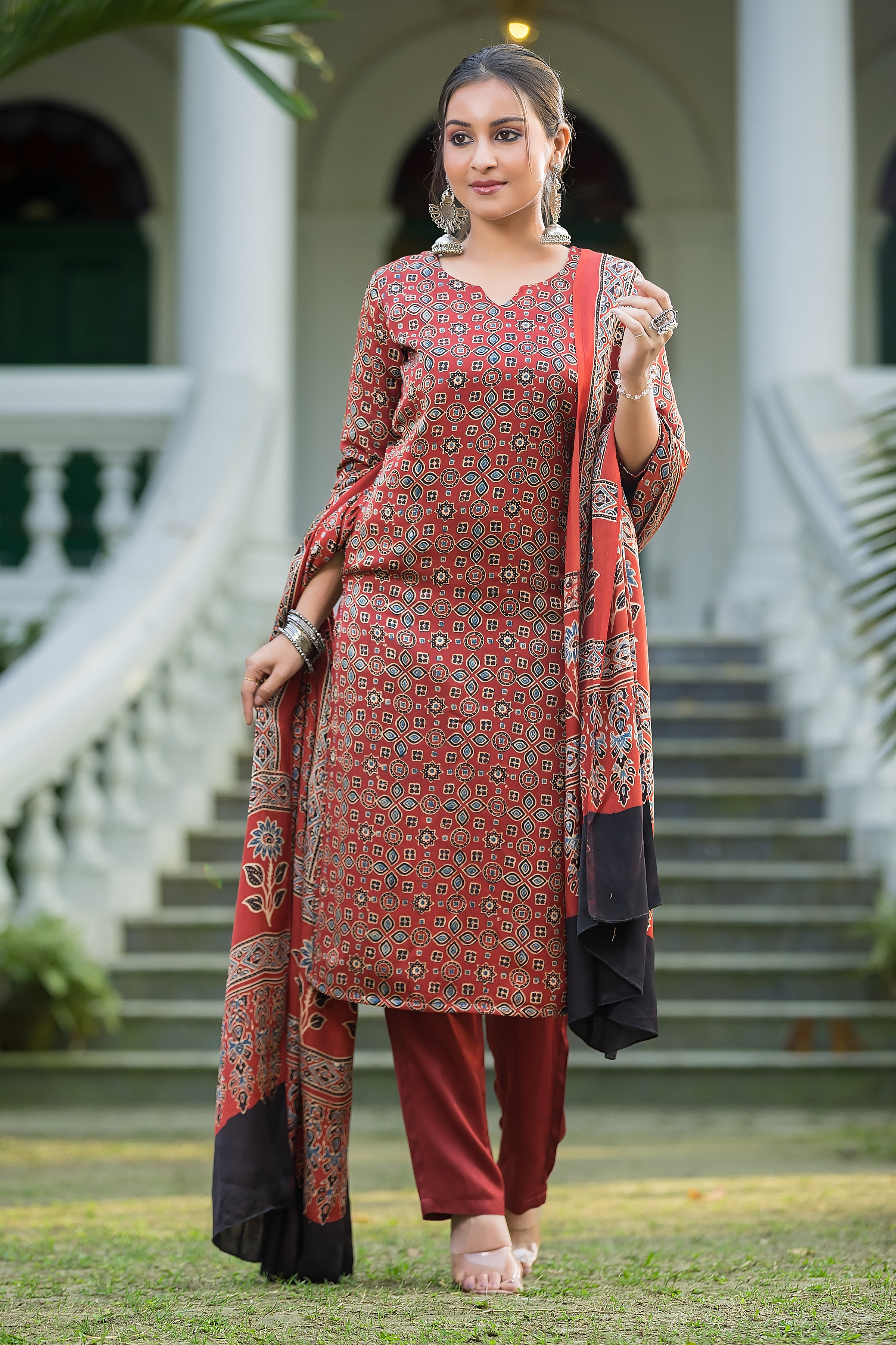 Women's Red Modal Ajrakh Suit Set with Dupatta