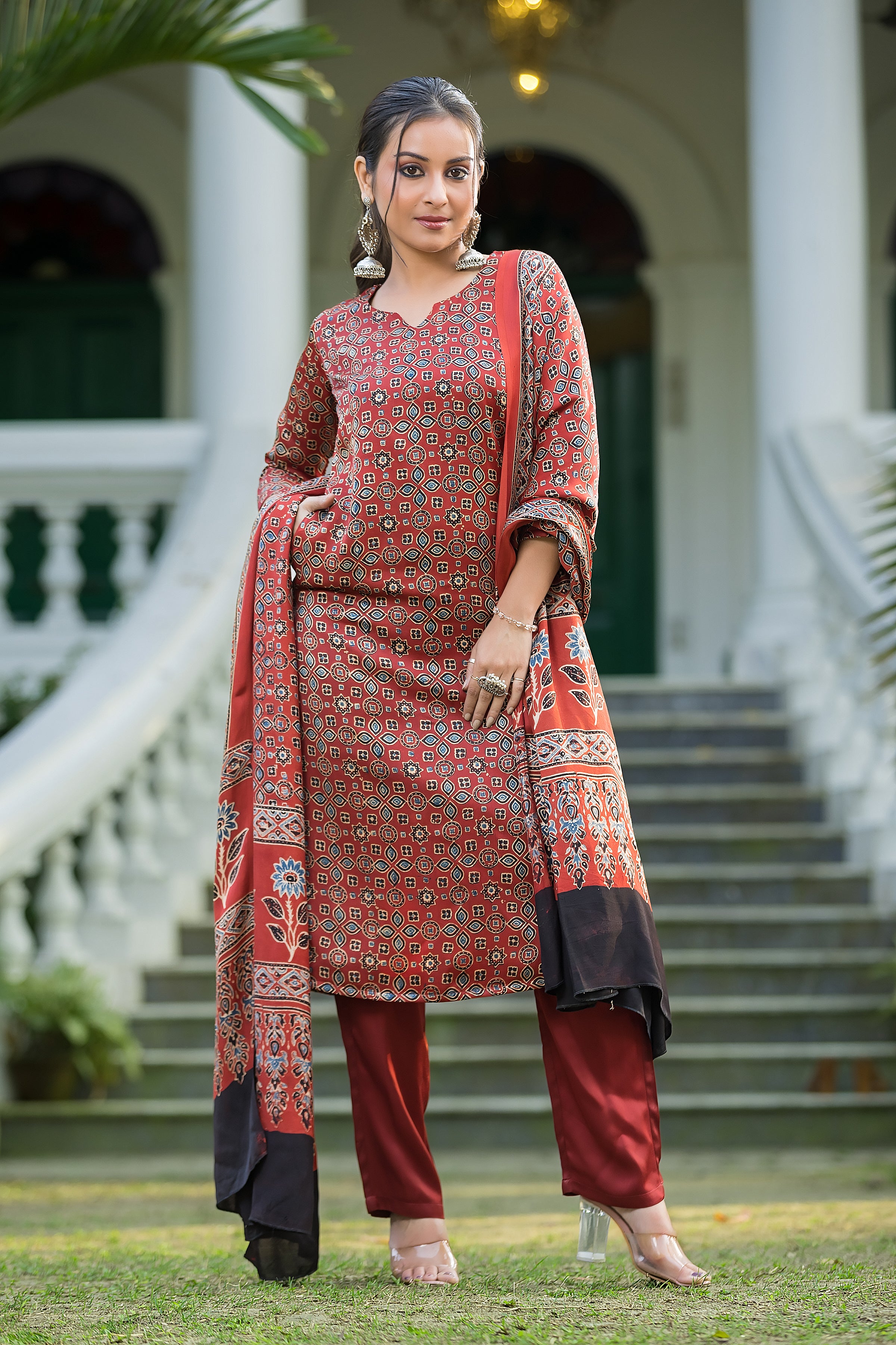 Women's Red Modal Ajrakh Suit Set with Dupatta