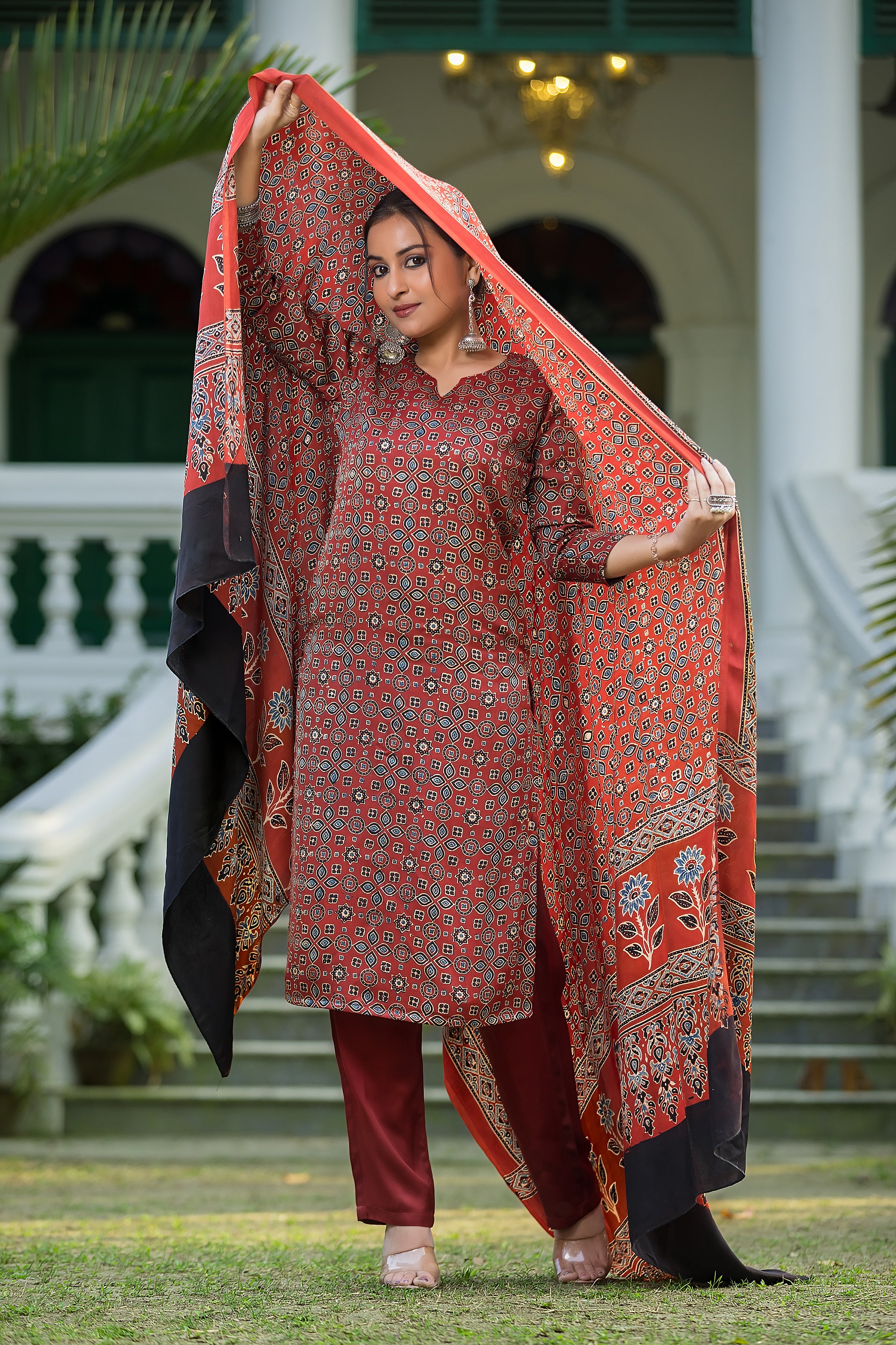 Women's Red Modal Ajrakh Suit Set with Dupatta