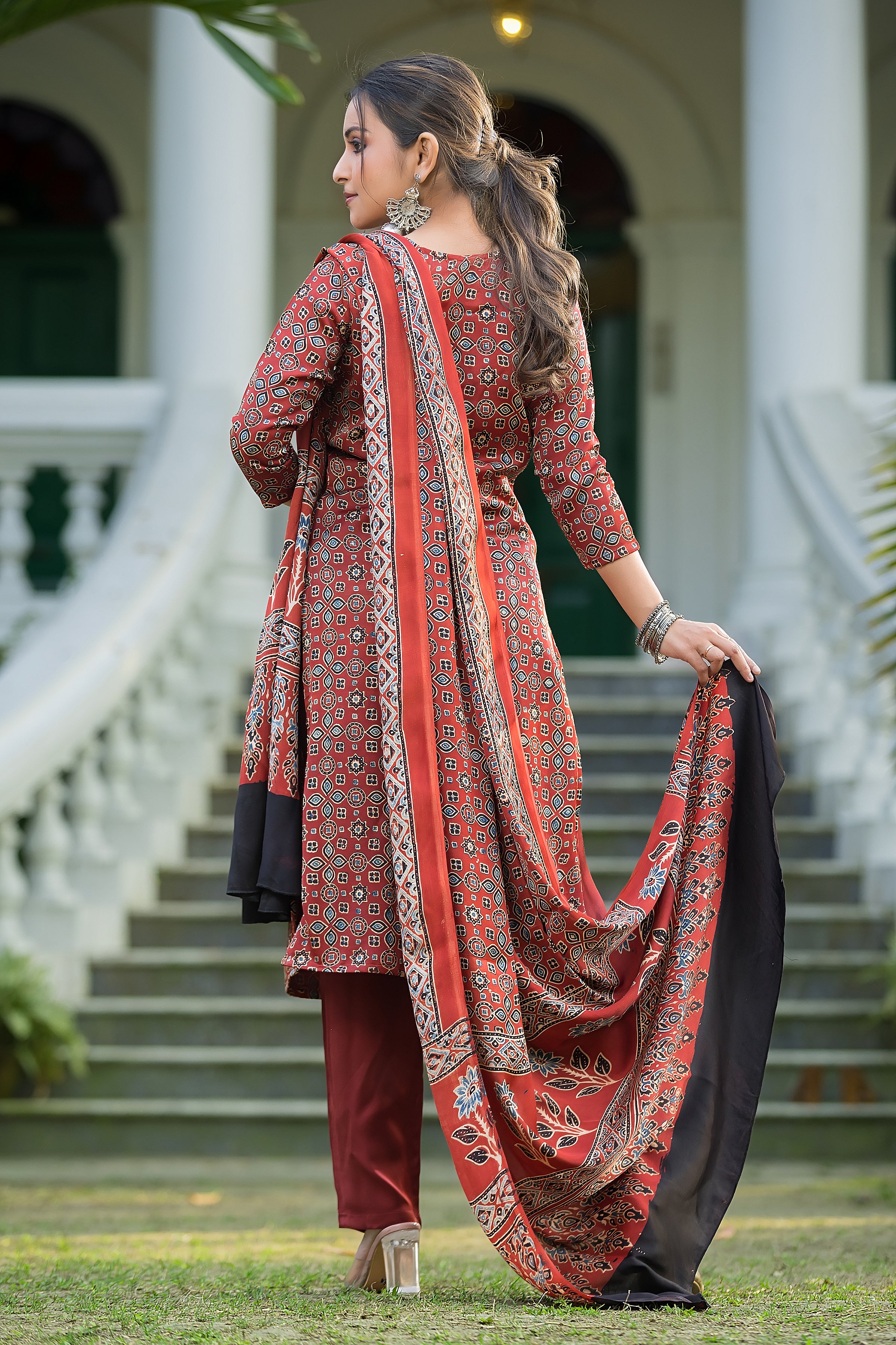 Women's Red Modal Ajrakh Suit Set with Dupatta
