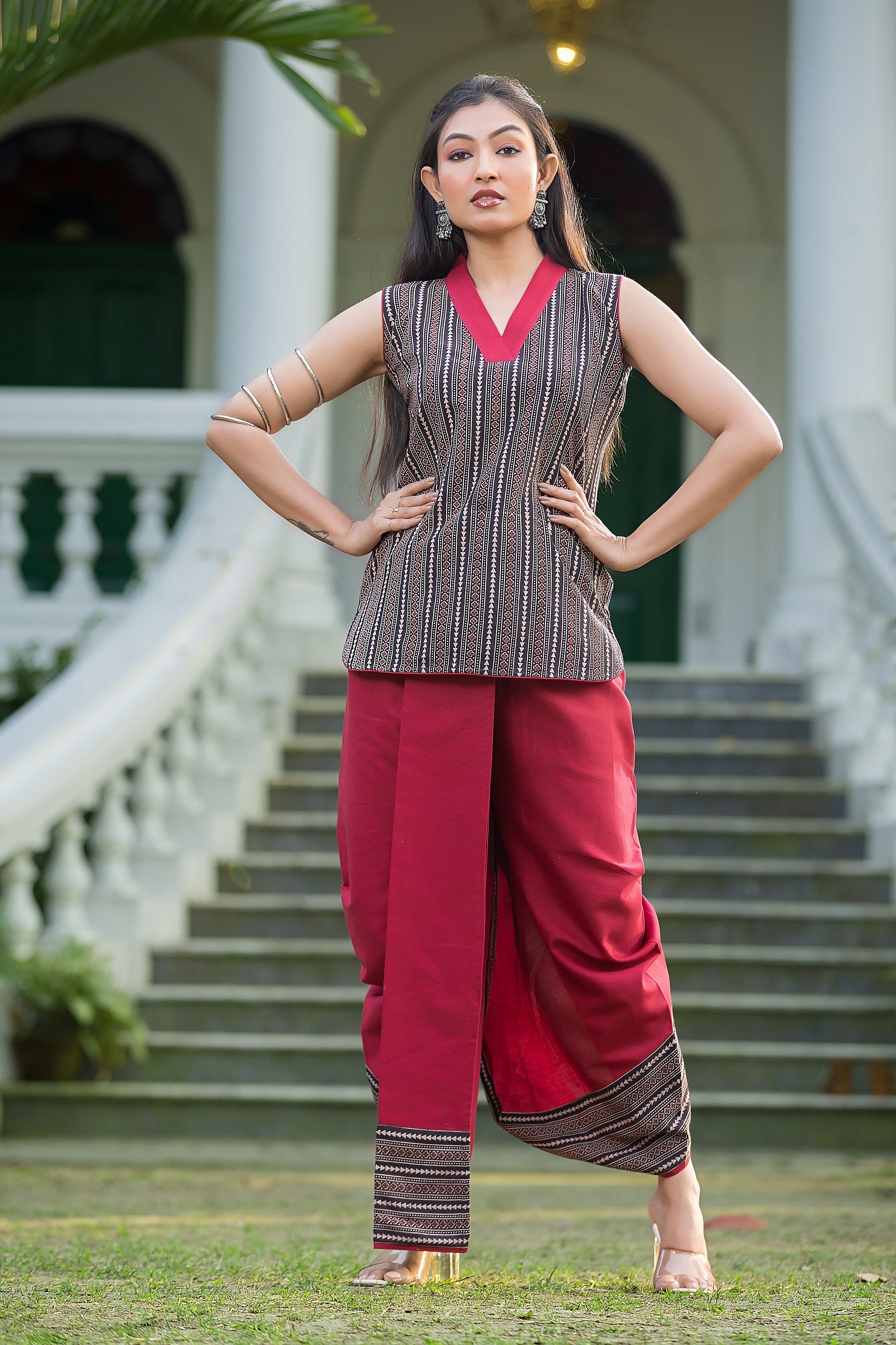 Women's Maroon Dhoti With Black Ajrakh Print Top