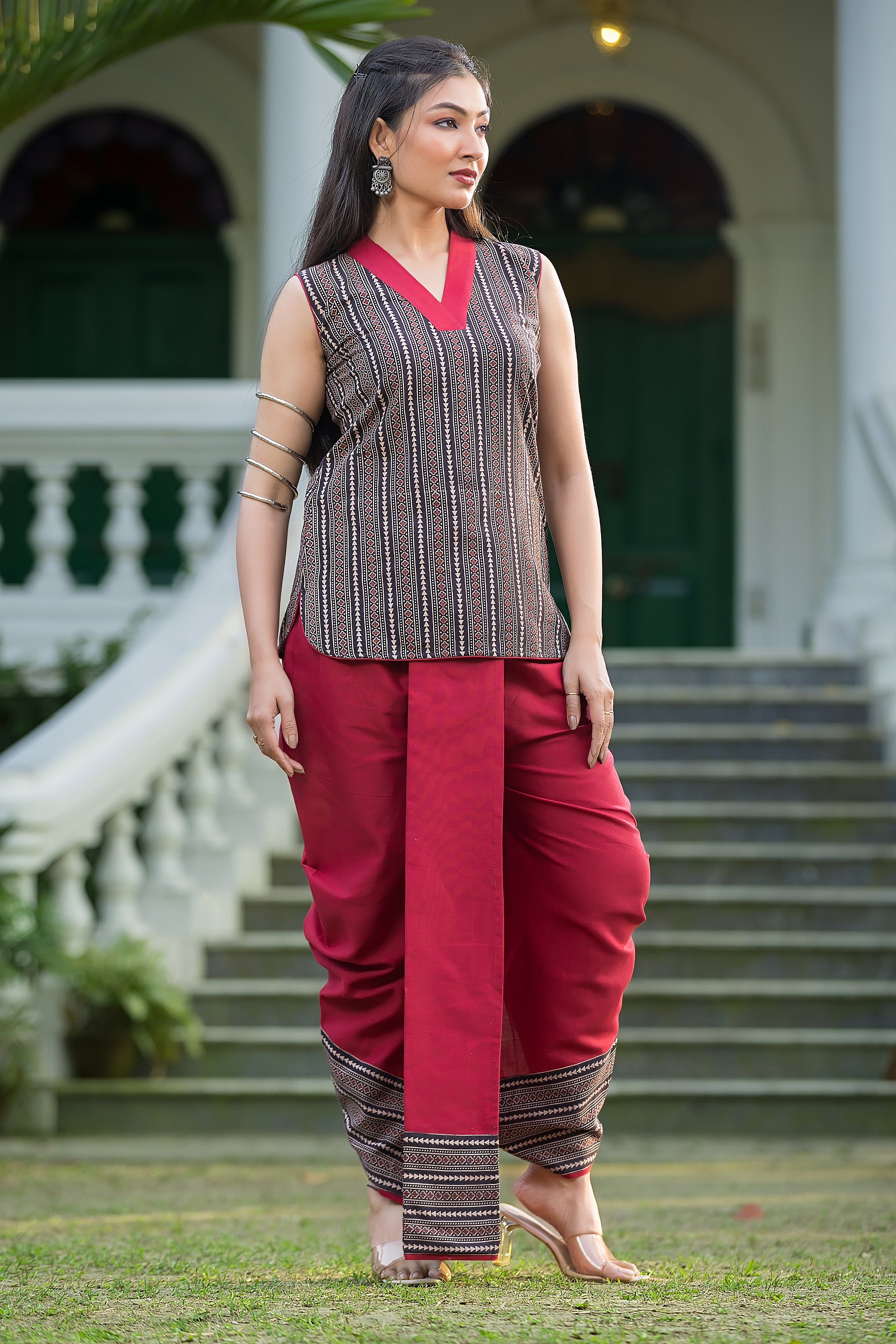 Women's Maroon Dhoti With Black Ajrakh Print Top