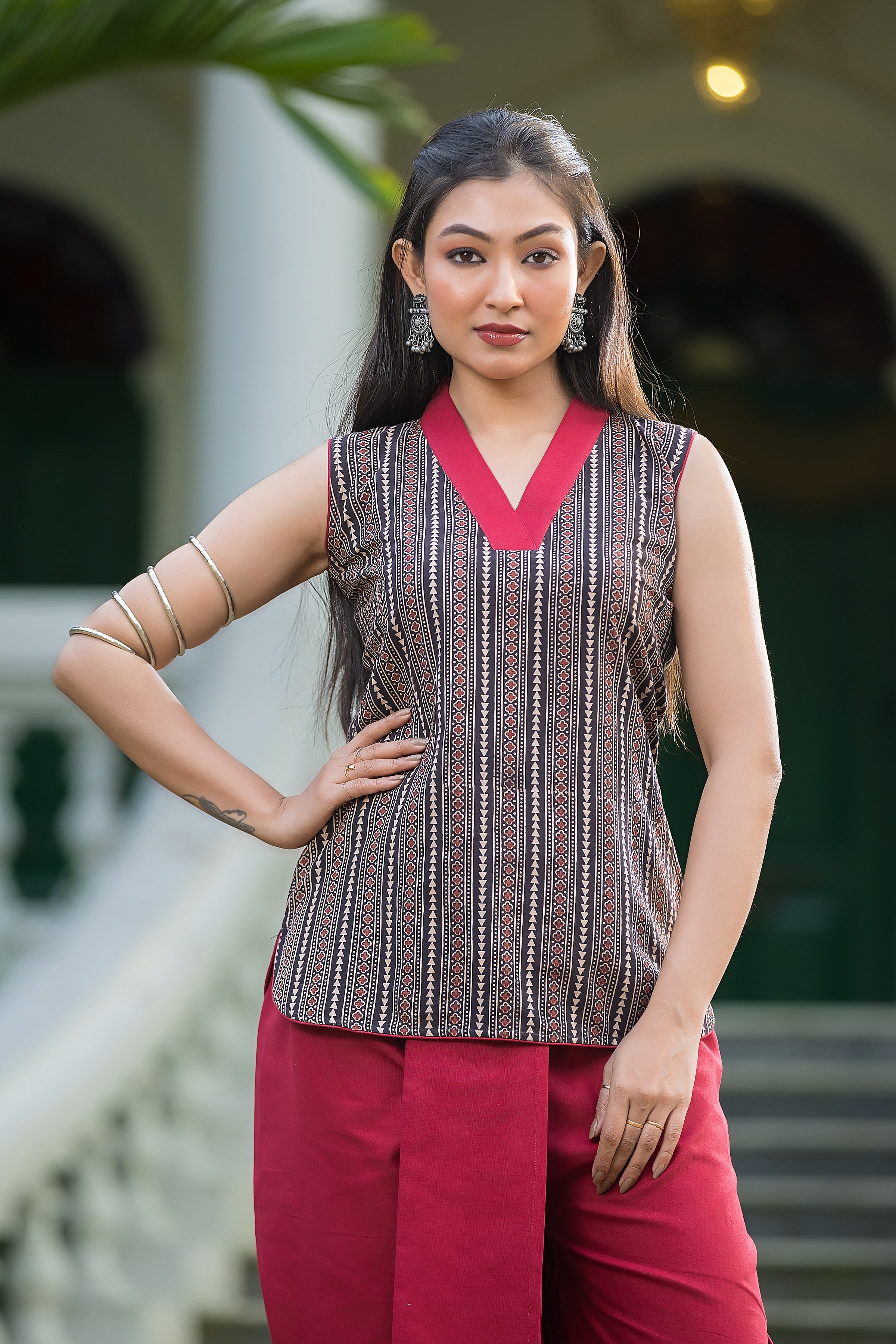 Women's Maroon Dhoti With Black Ajrakh Print Top