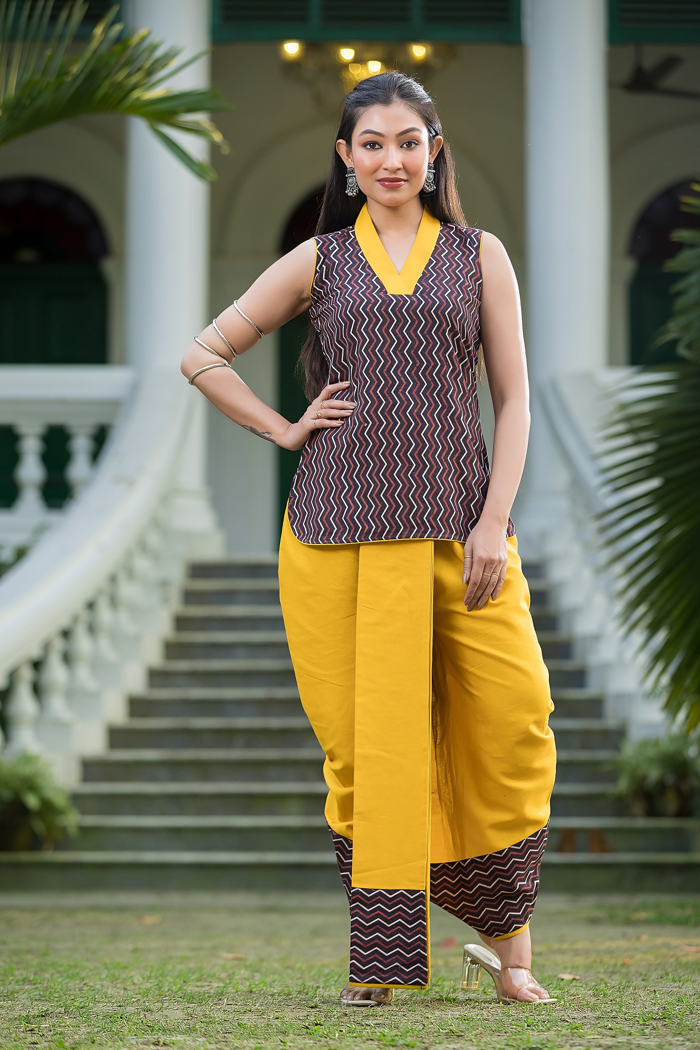 Women's Yellow Dhoti With Ajrakh Print Top
