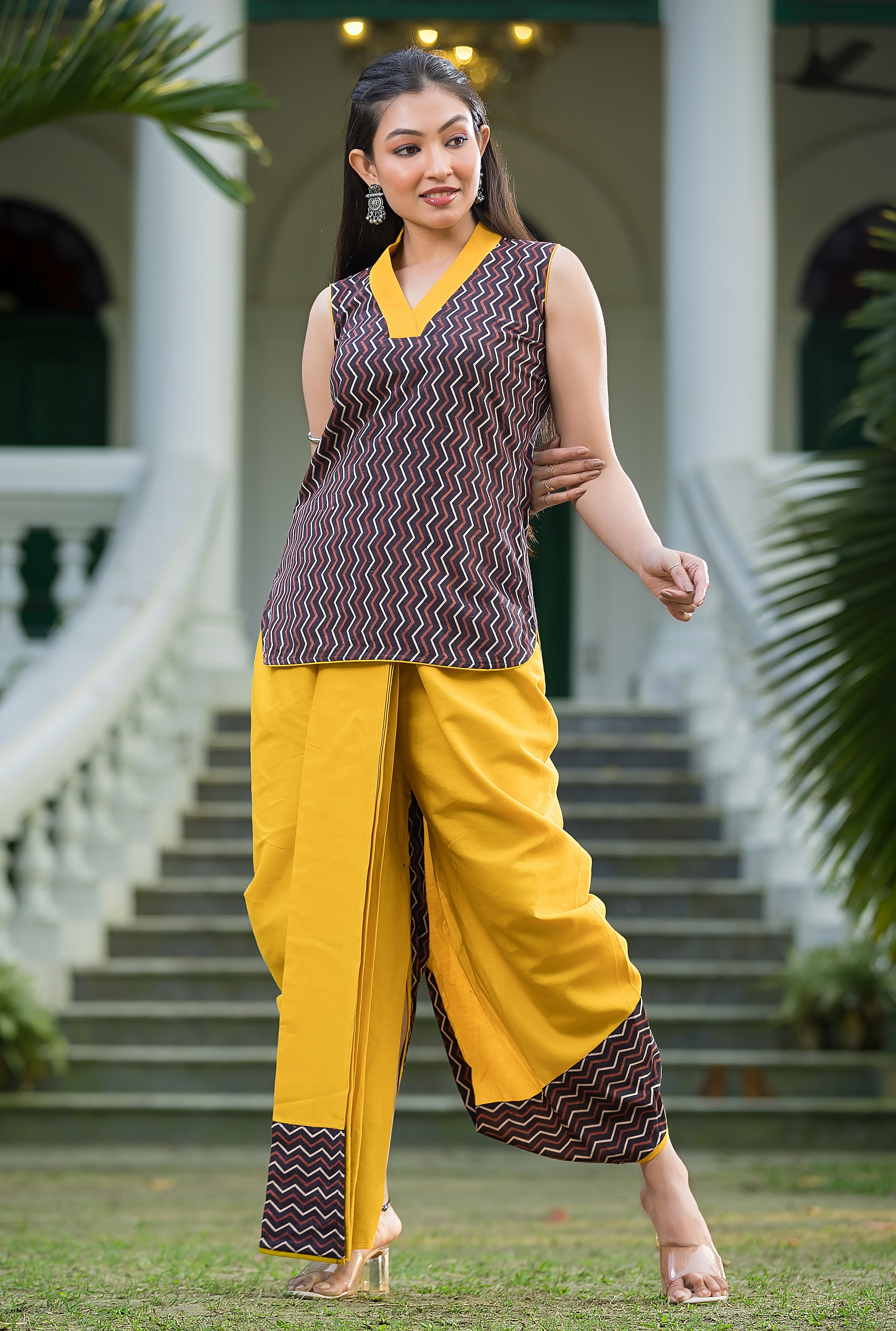 Women's Yellow Dhoti With Ajrakh Print Top