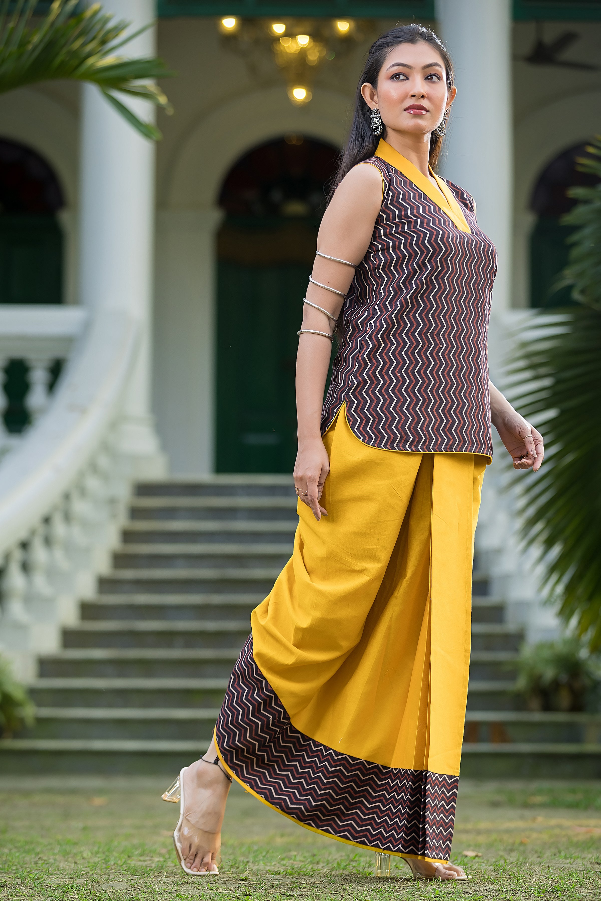 Women's Yellow Dhoti With Ajrakh Print Top