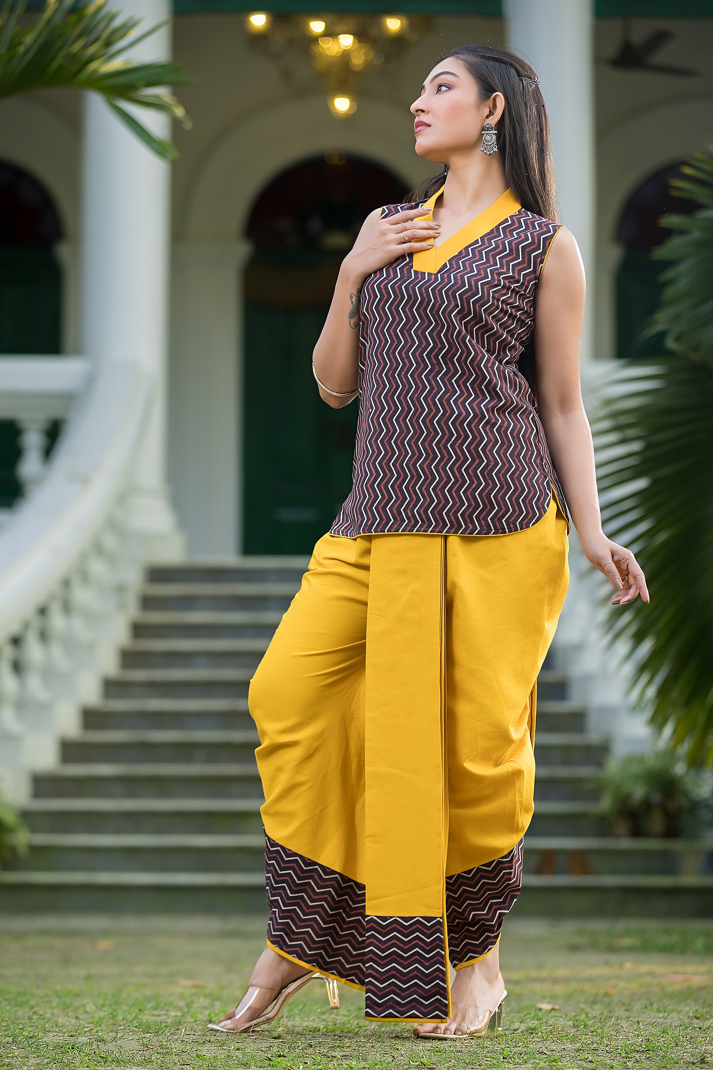 Women's Yellow Dhoti With Ajrakh Print Top