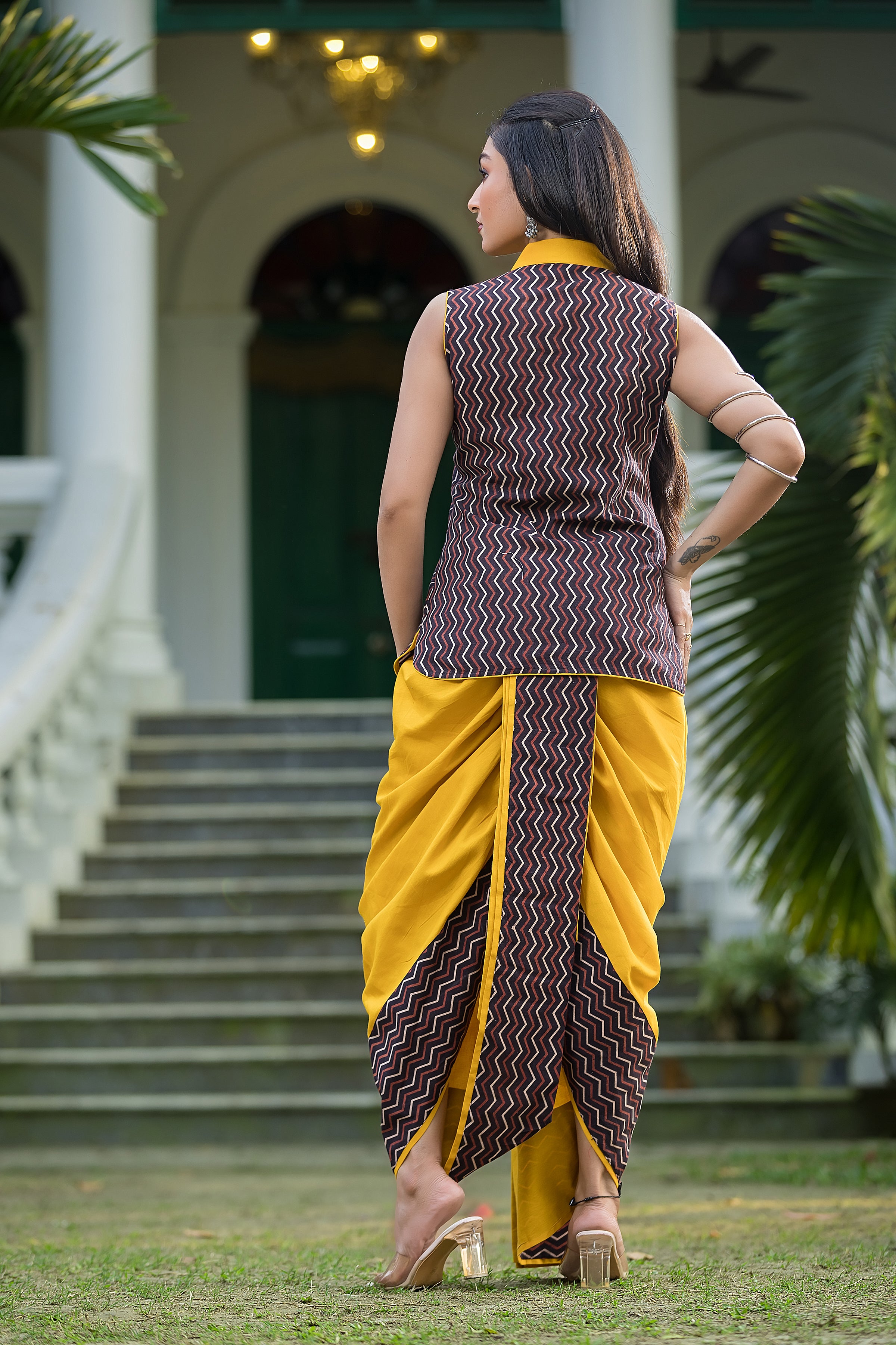 Women's Yellow Dhoti With Ajrakh Print Top