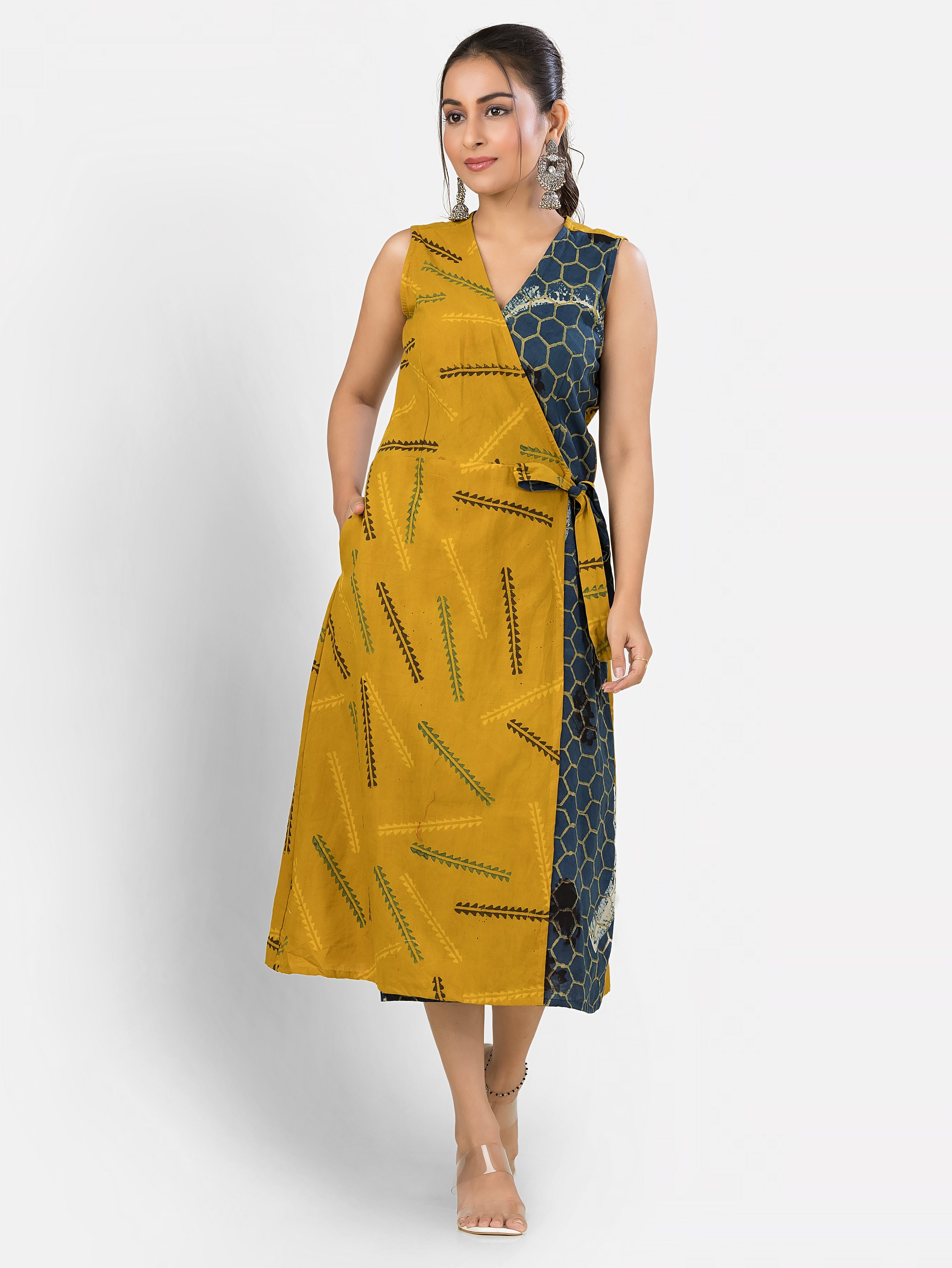 Women's Cotton Yellow Navy Wrapper Dress