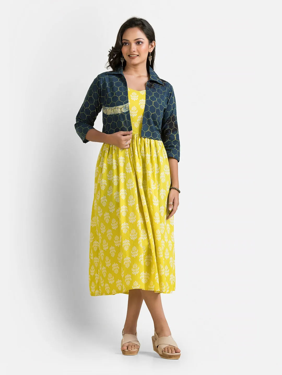 Women's Yellow Gown With Navy Jacket