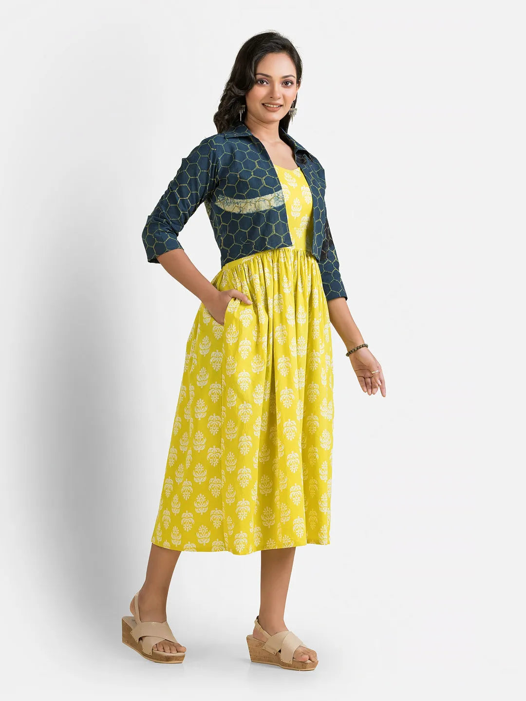 Women's Yellow Gown With Navy Jacket
