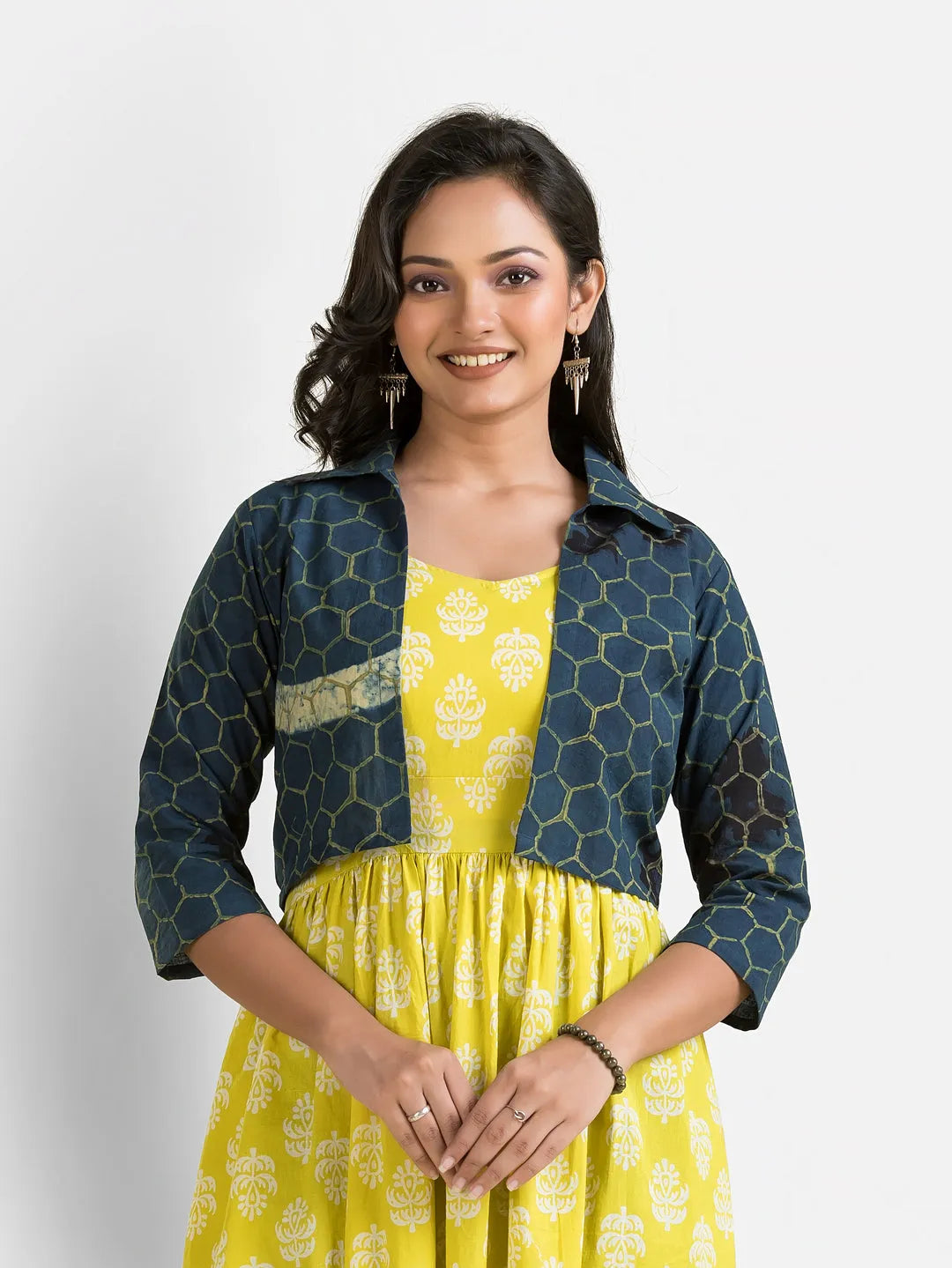 Women's Yellow Gown With Navy Jacket