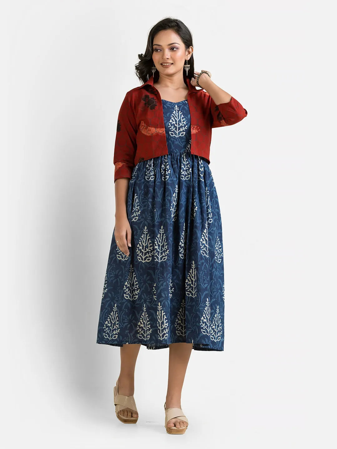 Women's Blue Gown With Maroon Jacket