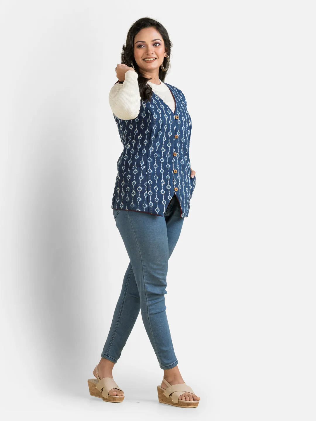 Women's Handblock Cotton Indigo Jacket - Crazy Needle Online