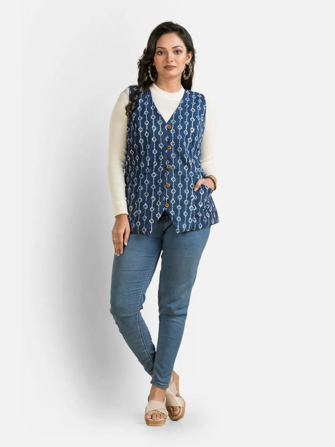 Women's Handblock Cotton Indigo Jacket - Crazy Needle Online