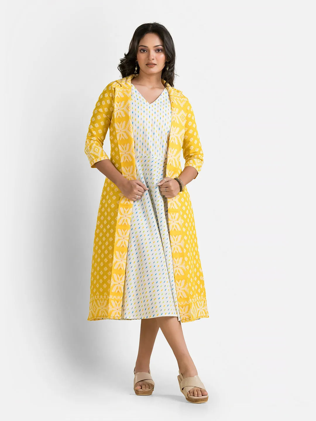 Women's White Dress With Yellow Jamdani Shrug