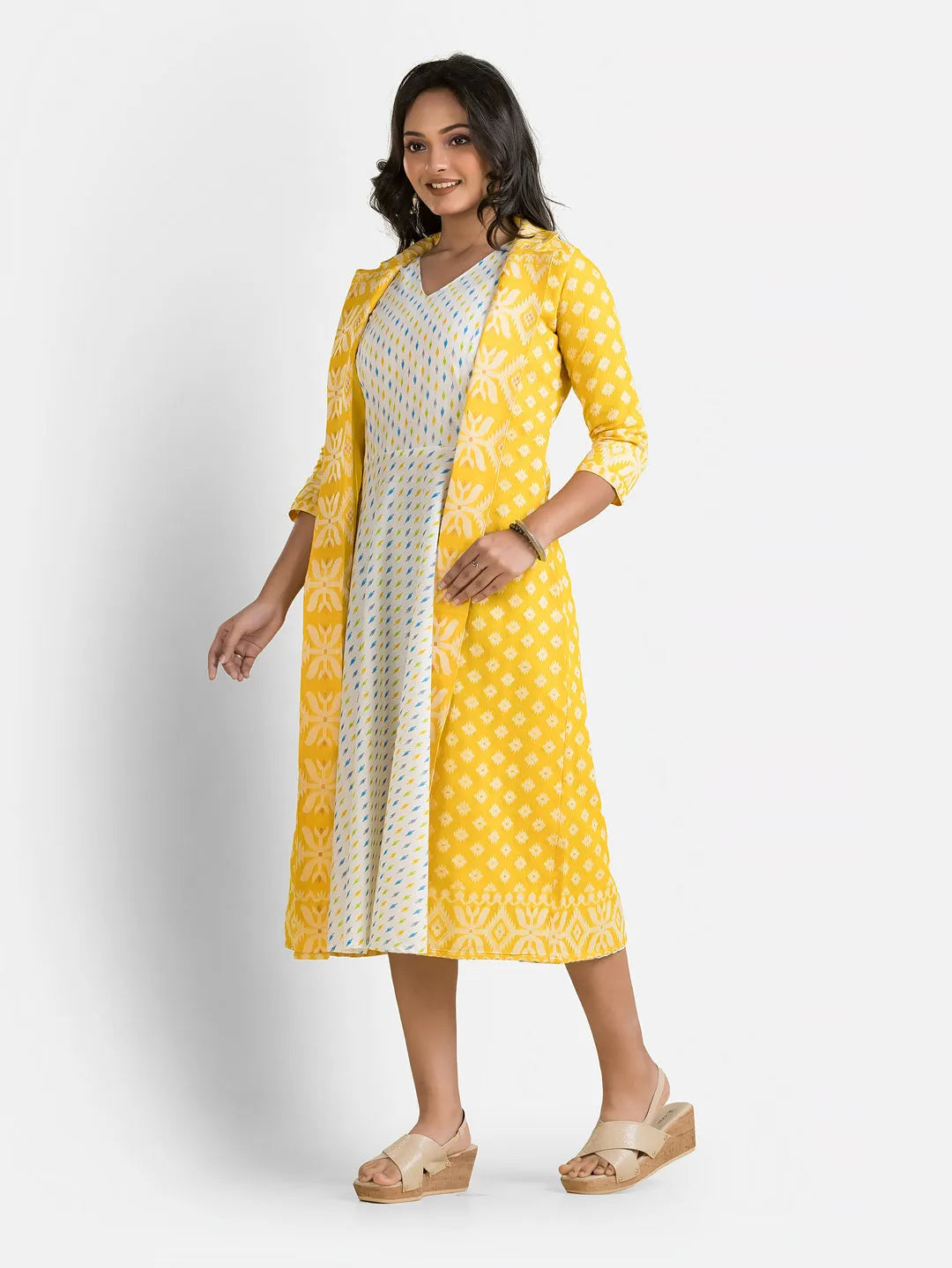 Women's White Dress With Yellow Jamdani Shrug