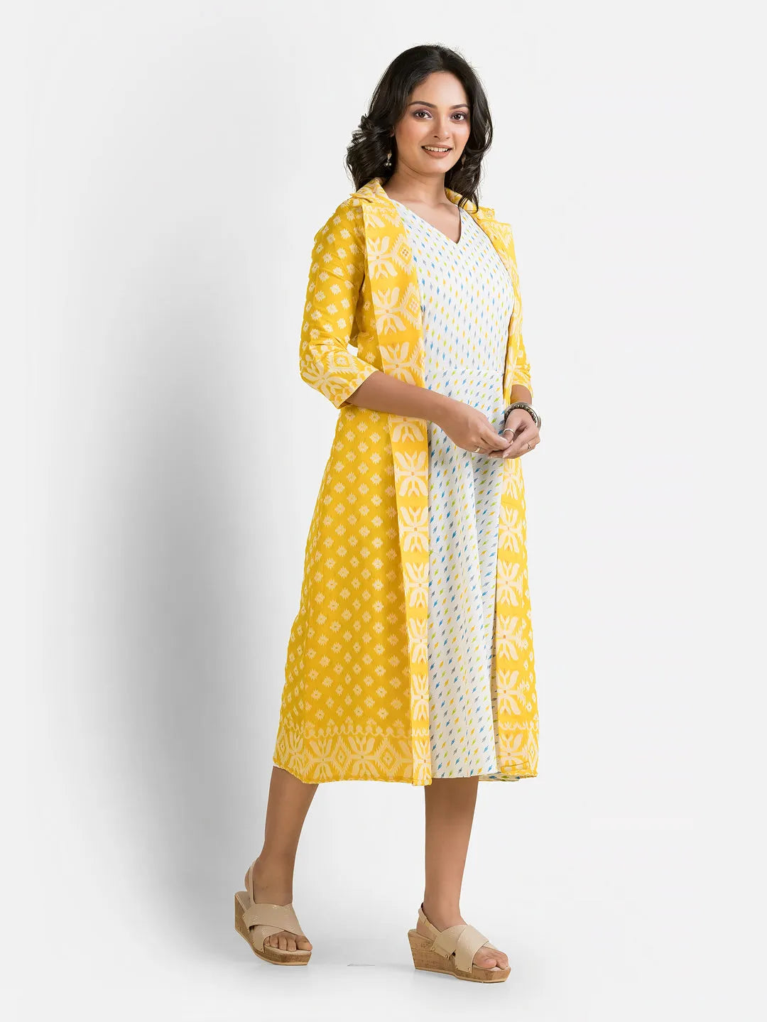 Women's White Dress With Yellow Jamdani Shrug