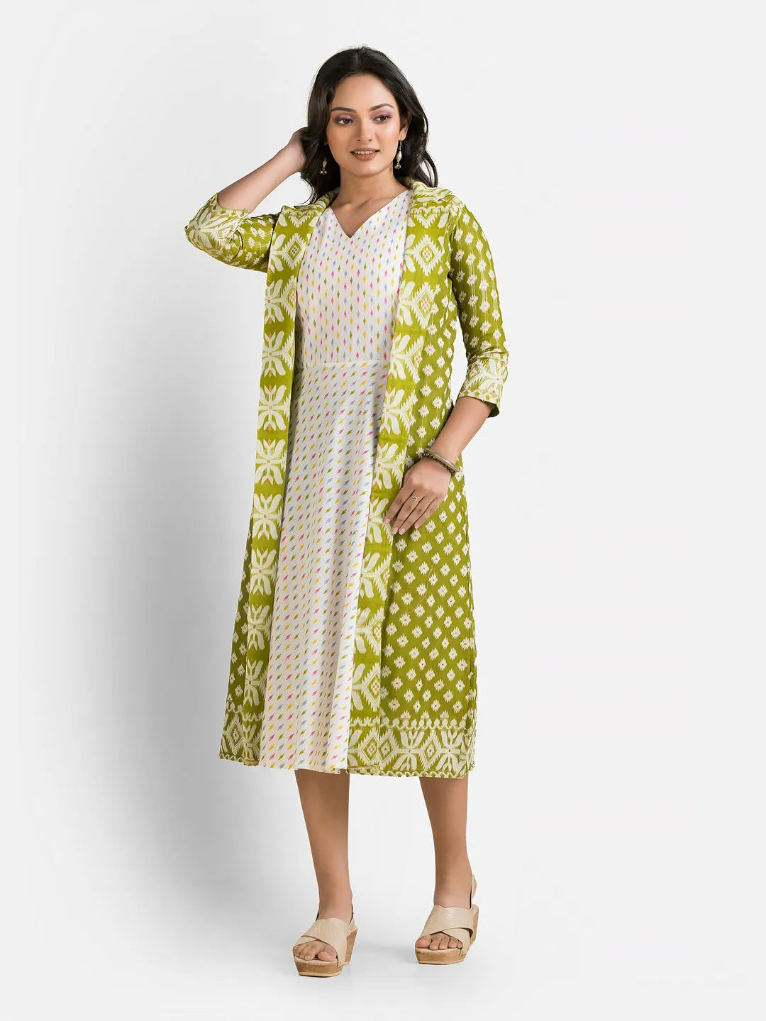 Women's White Dress With Green Jamdani Shrug