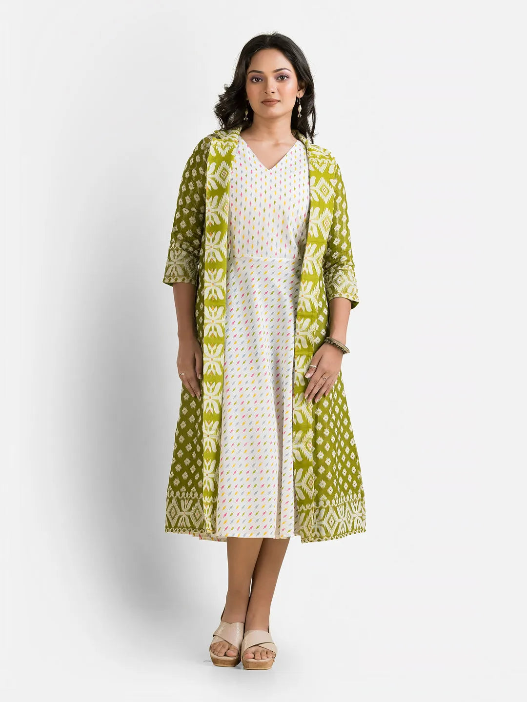 Women's White Dress With Green Jamdani Shrug