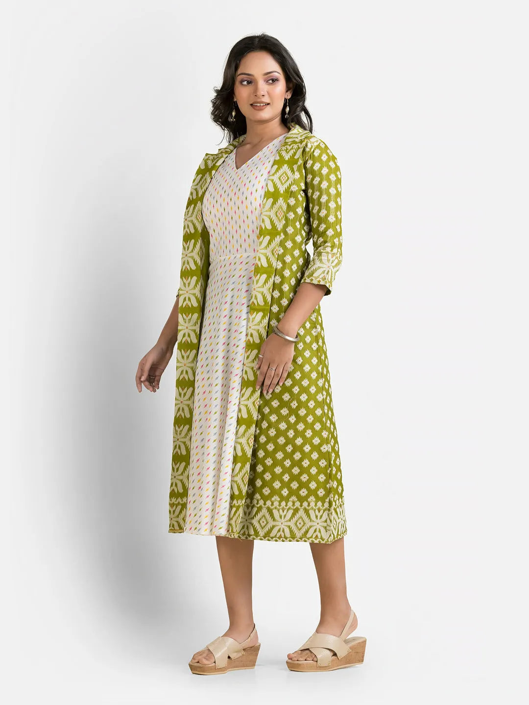 Women's White Dress With Green Jamdani Shrug