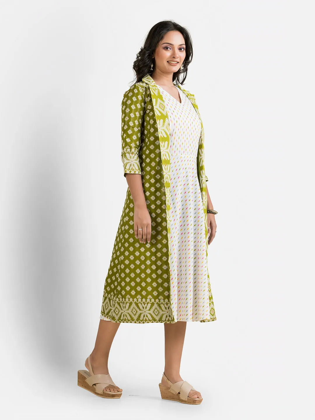 Women's White Dress With Green Jamdani Shrug