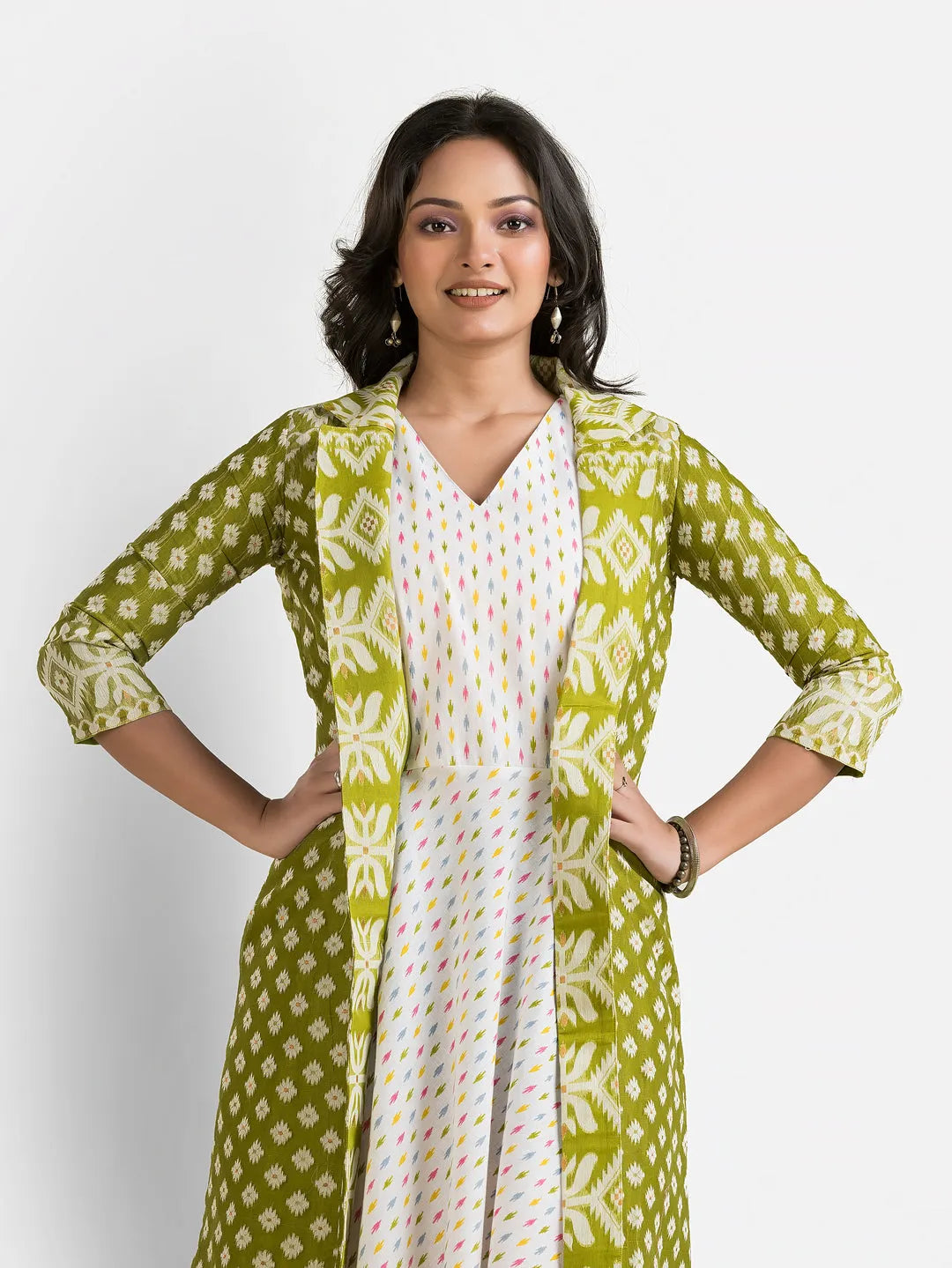 Women's White Dress With Green Jamdani Shrug