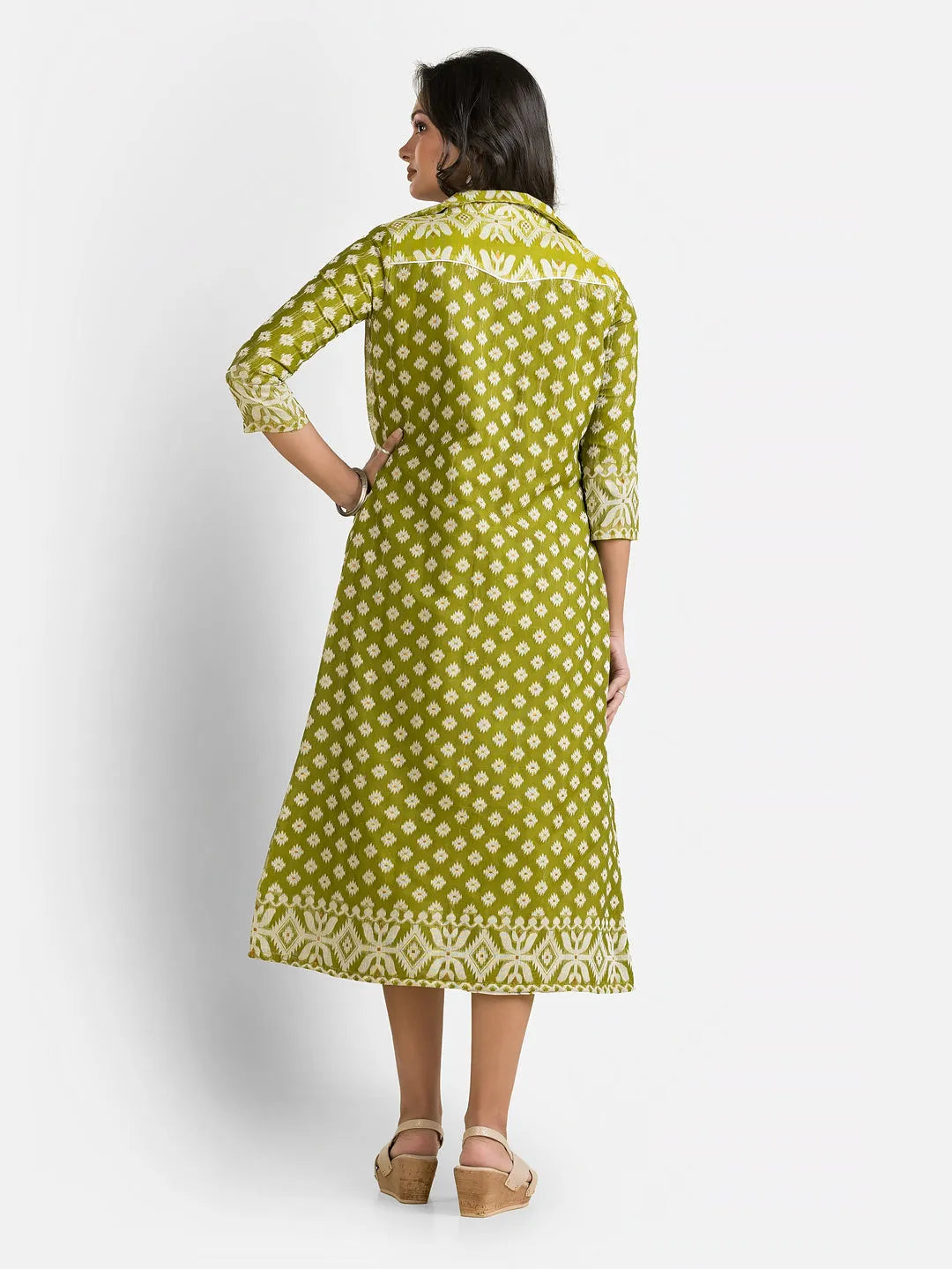 Women's White Dress With Green Jamdani Shrug