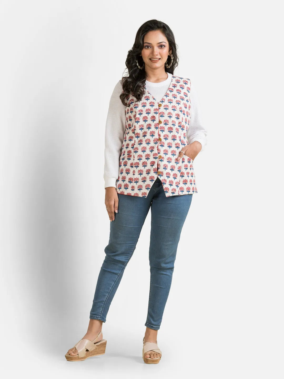 Women's Handblock Cotton White Jacket