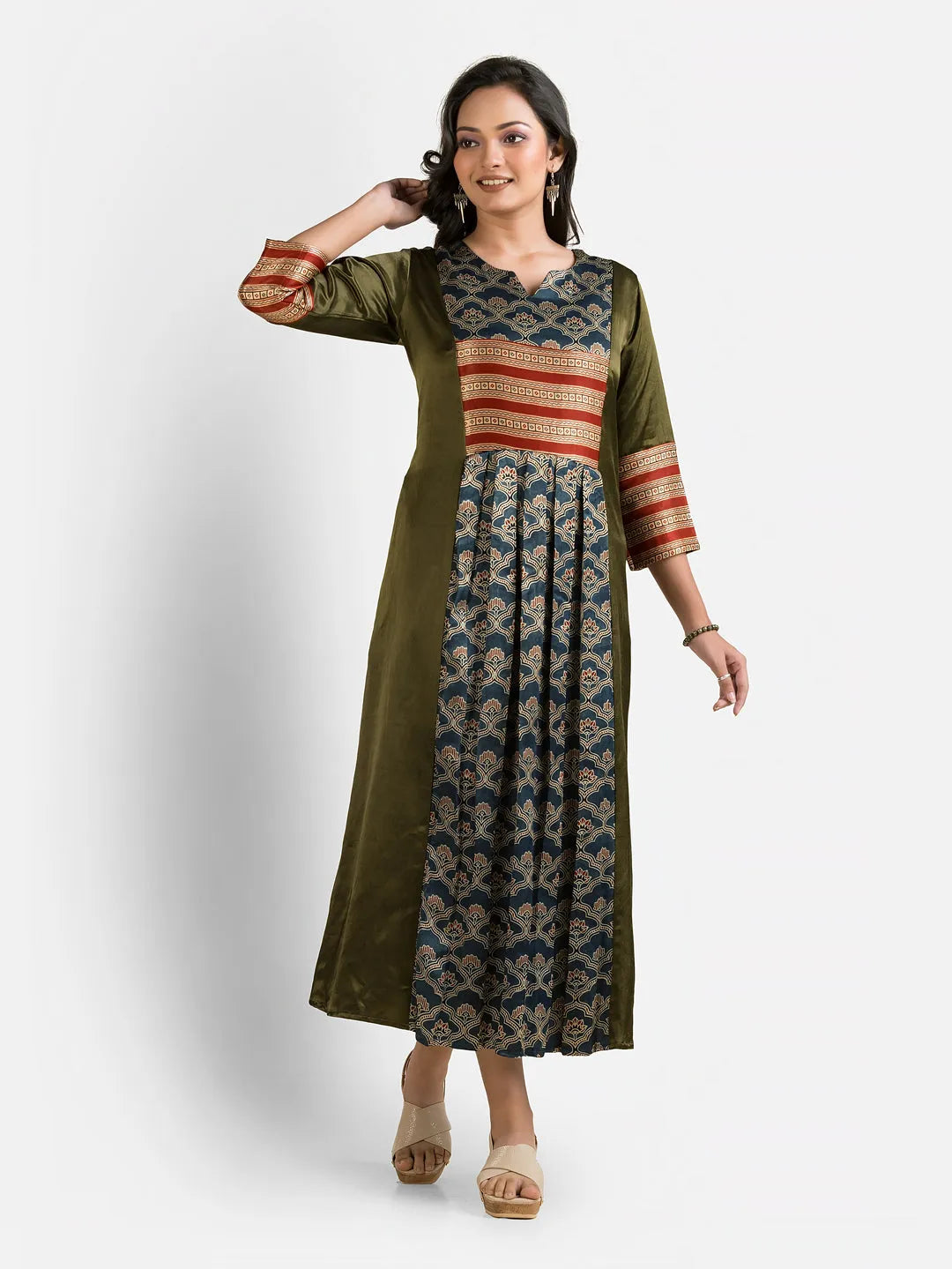 Women's Bottle Green Mashru Silk Dress