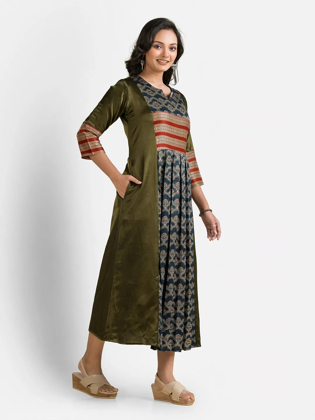 Women's Bottle Green Mashru Silk Dress